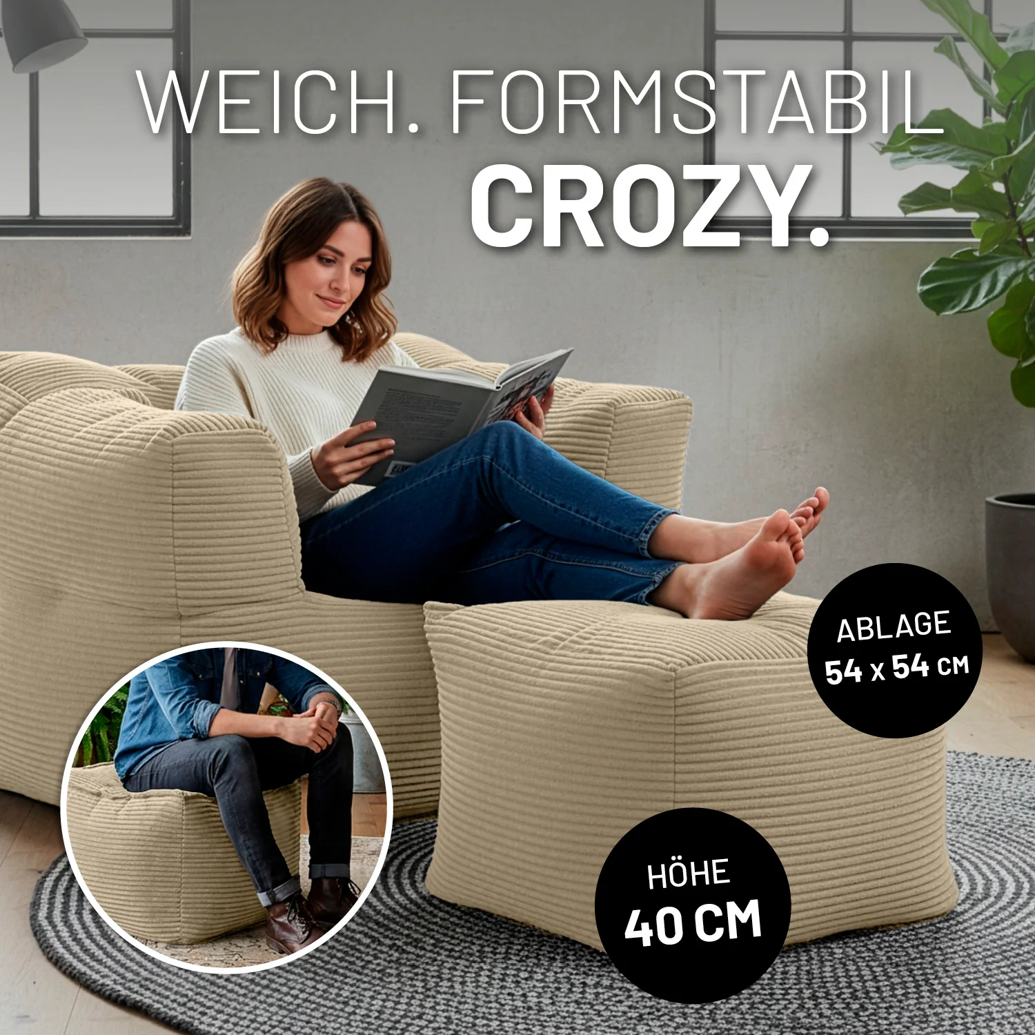 Modularer Hocker aus der LUMALAND Cord-Reihe - 140 L - 54 x 54 x 40 cm - Beige - Image 5