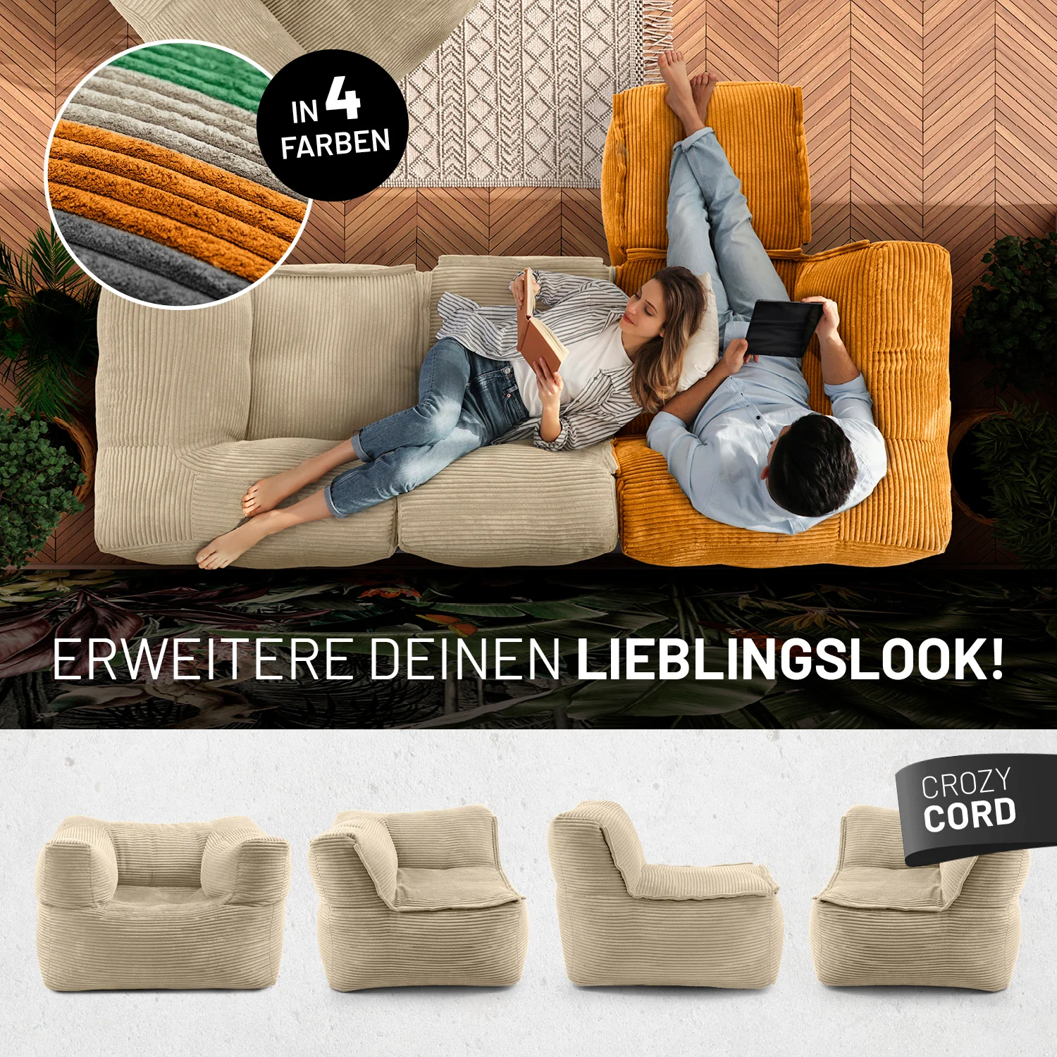 Modularer Hocker aus der LUMALAND Cord-Reihe - 140 L - 54 x 54 x 40 cm - Beige - Image 9