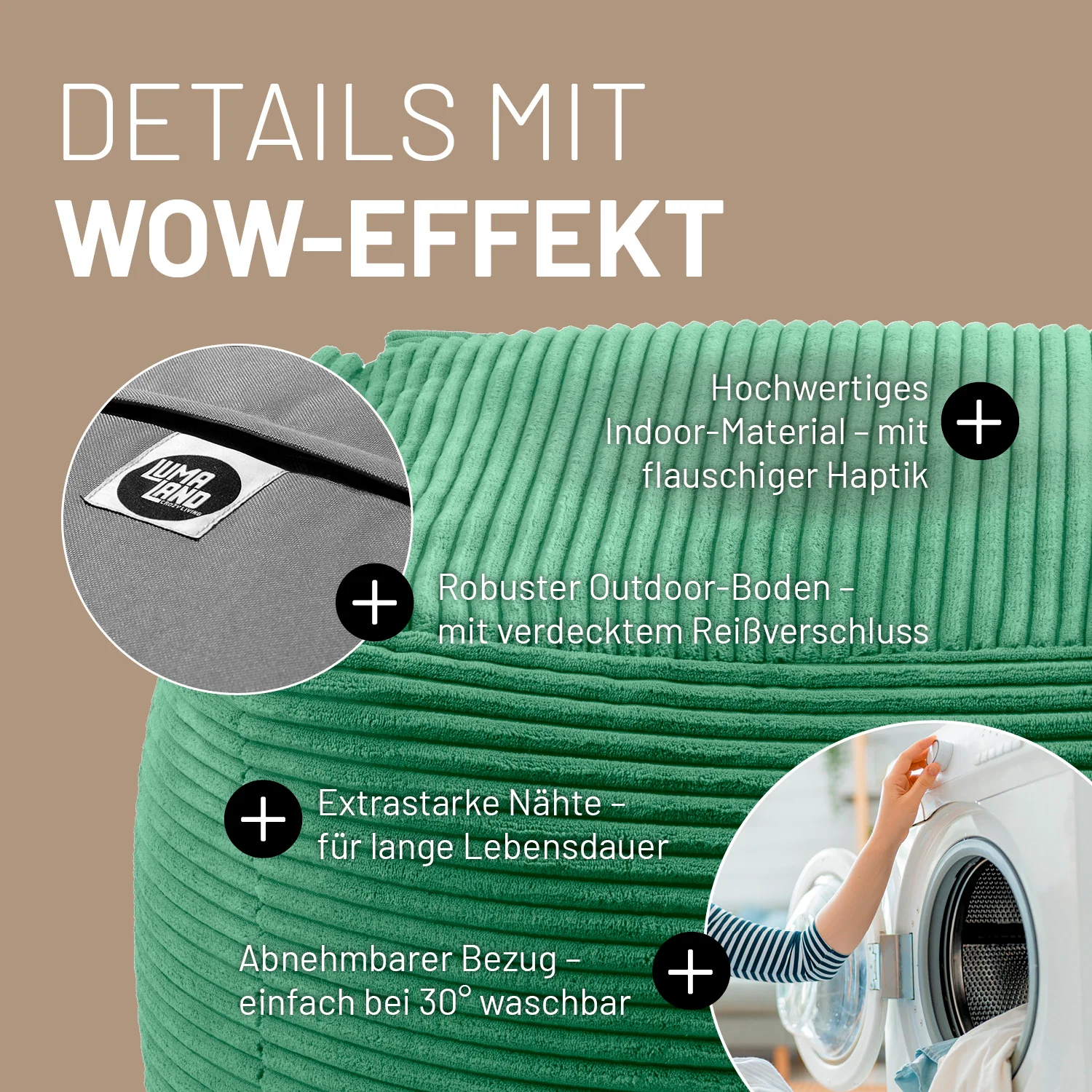 Modularer Hocker aus der LUMALAND Cord-Reihe - 140 L - 54 x 54 x 40 cm - Dunkelgrün - Image 6
