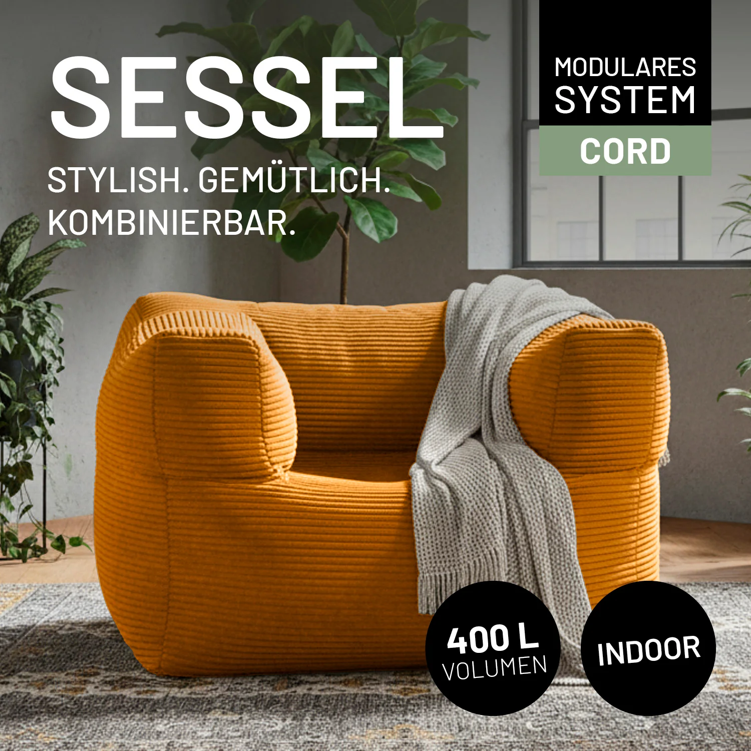 Modularer Sessel aus der LUMALAND Cord-Reihe - 400 L - 96 x 72 x 70 cm - Senfgelb - Image 3