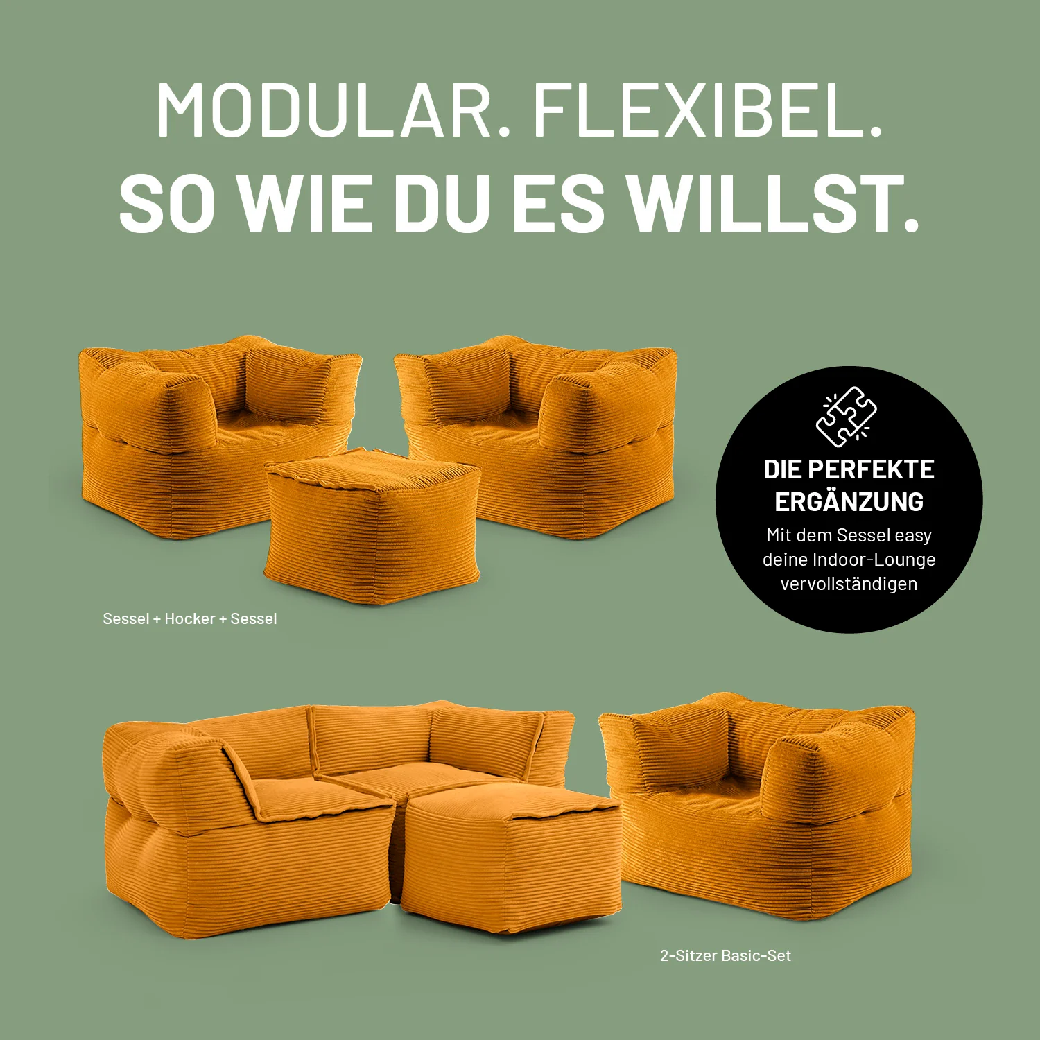 Modularer Sessel aus der LUMALAND Cord-Reihe - 400 L - 96 x 72 x 70 cm - Senfgelb - Image 4