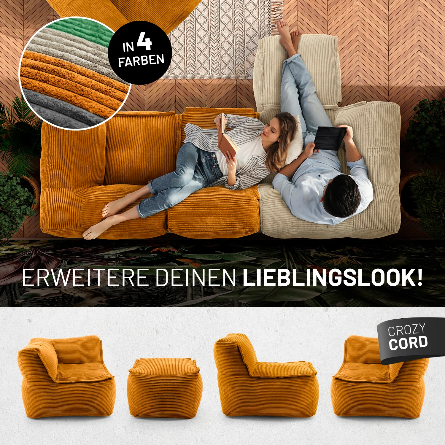 Modularer Sessel aus der LUMALAND Cord-Reihe - 400 L - 96 x 72 x 70 cm - Senfgelb - Image 8