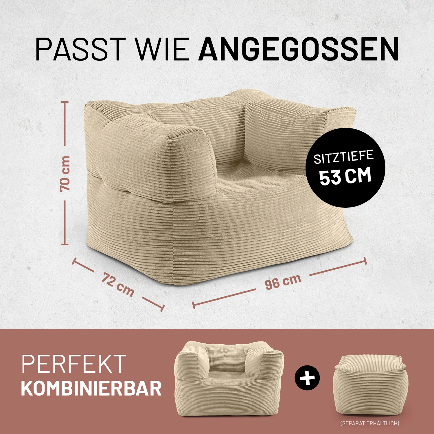 Modularer Sessel aus der LUMALAND Cord-Reihe - 400 L - 96 x 72 x 70 cm - Beige - Image 2