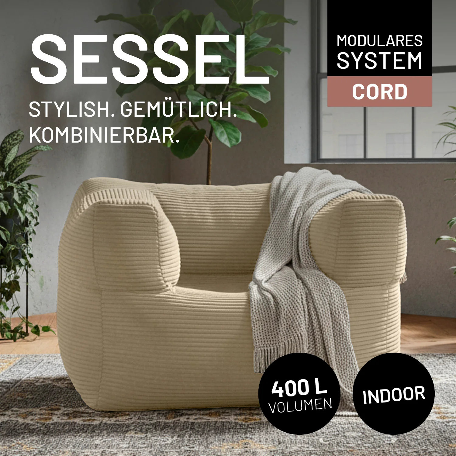 Modularer Sessel aus der LUMALAND Cord-Reihe - 400 L - 96 x 72 x 70 cm - Beige - Image 3