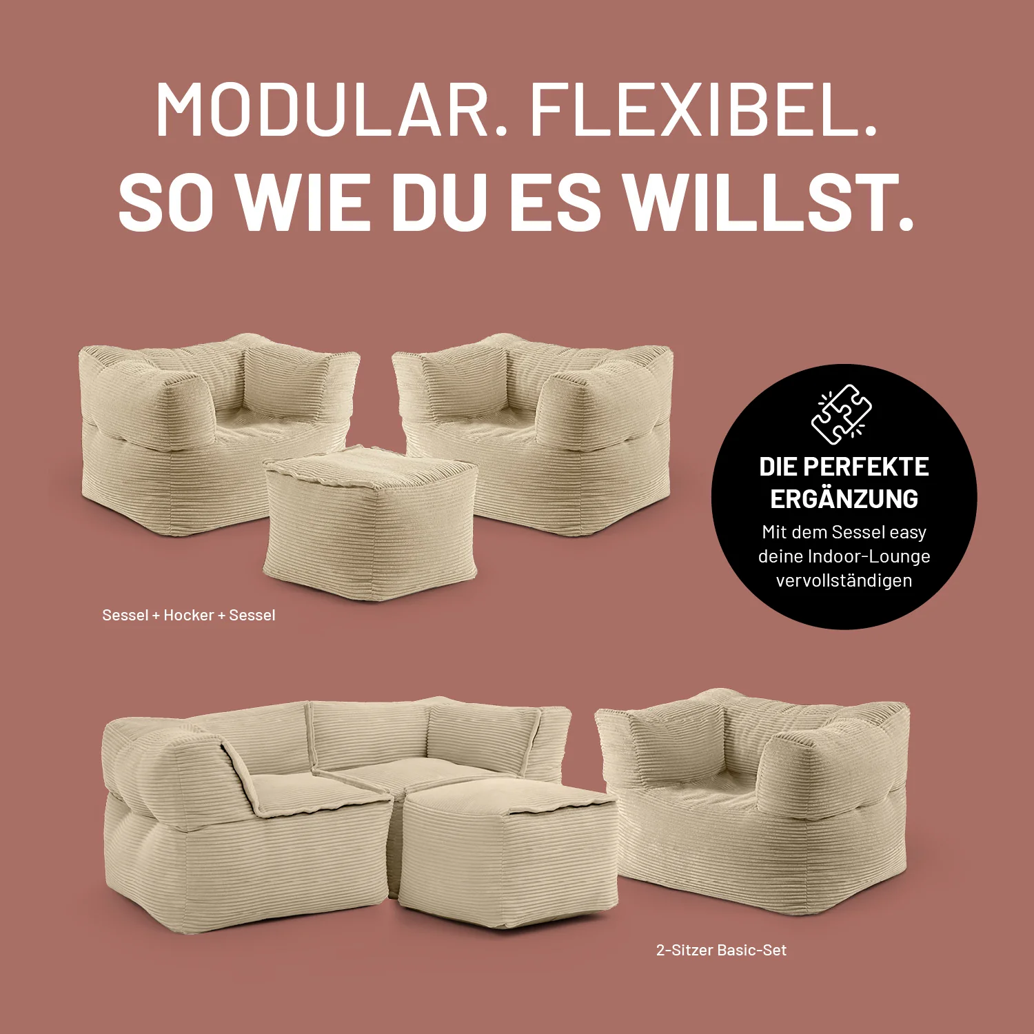 Modularer Sessel aus der LUMALAND Cord-Reihe - 400 L - 96 x 72 x 70 cm - Beige - Image 4