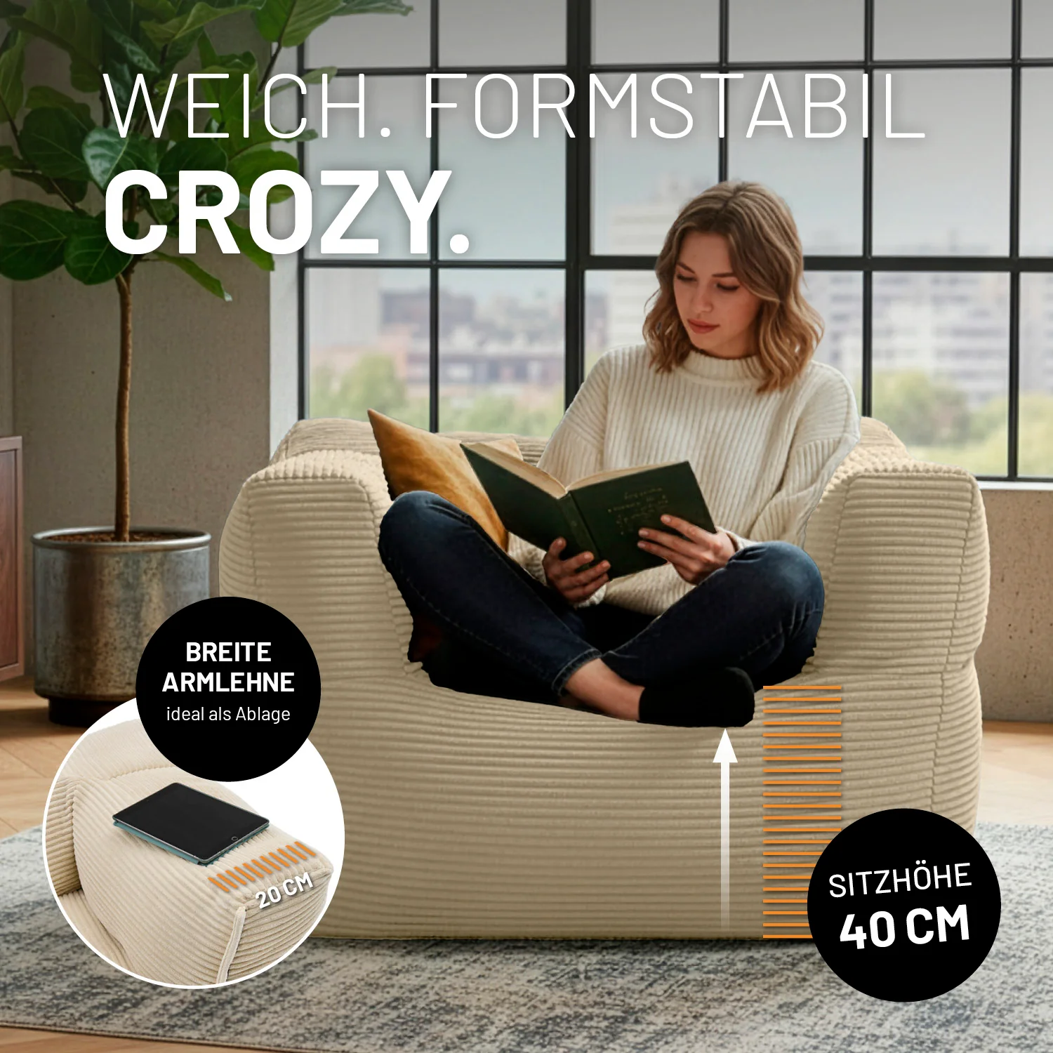 Modularer Sessel aus der LUMALAND Cord-Reihe - 400 L - 96 x 72 x 70 cm - Beige - Image 5