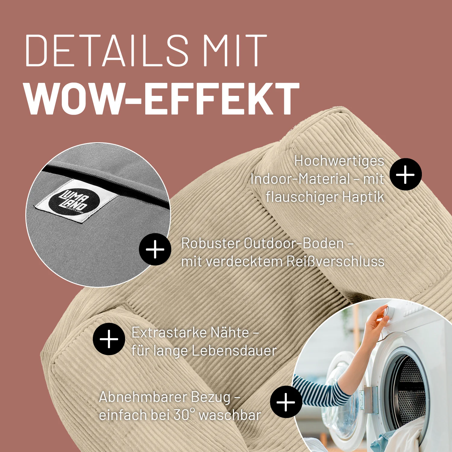 Modularer Sessel aus der LUMALAND Cord-Reihe - 400 L - 96 x 72 x 70 cm - Beige - Image 6