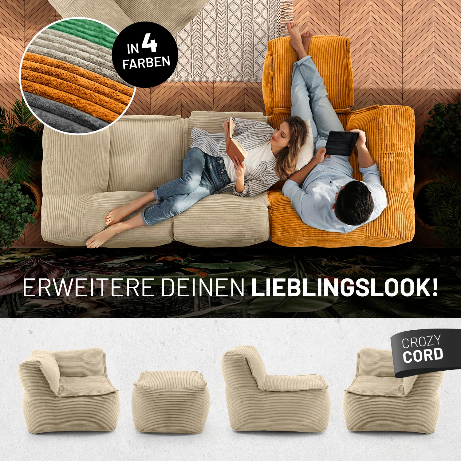Modularer Sessel aus der LUMALAND Cord-Reihe - 400 L - 96 x 72 x 70 cm - Beige - Image 8