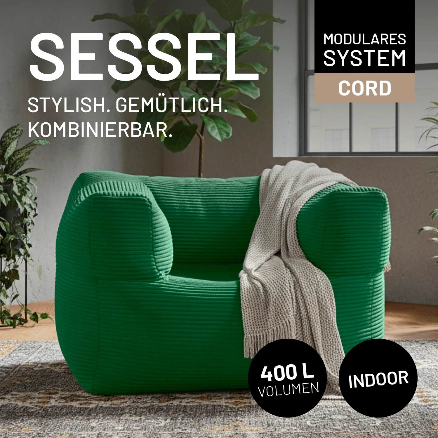 Modularer Sessel aus der LUMALAND Cord-Reihe - 400 L - 96 x 72 x 70 cm - Dunkelgrün - Image 3
