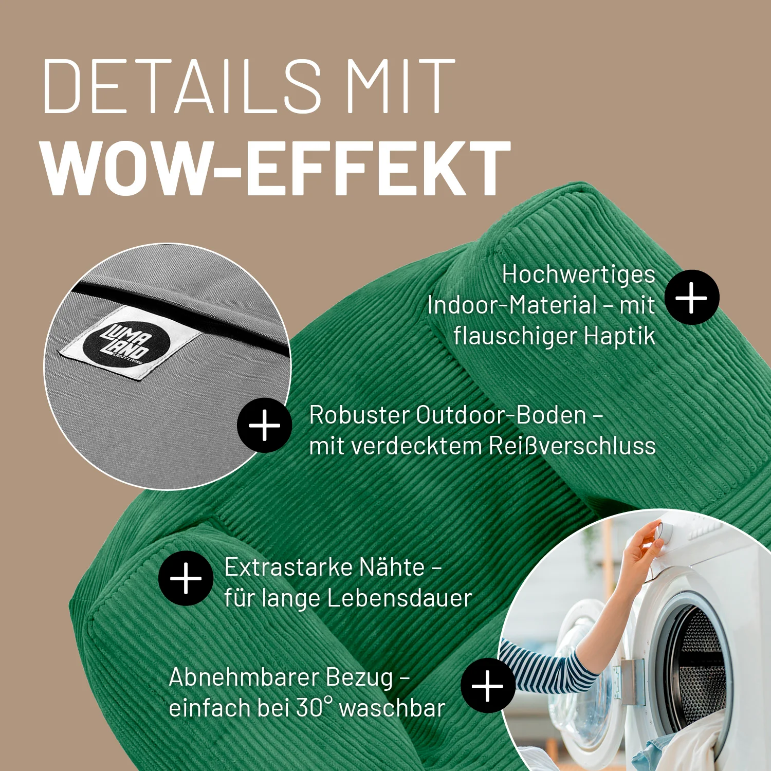 Modularer Sessel aus der LUMALAND Cord-Reihe - 400 L - 96 x 72 x 70 cm - Dunkelgrün - Image 6