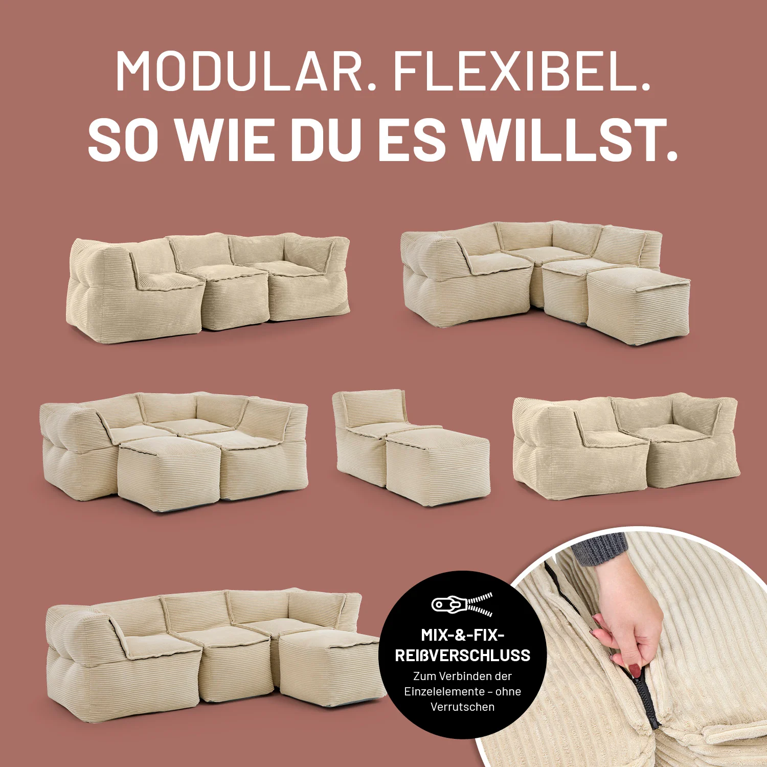 Modulares Basic-Set aus der LUMALAND Cord-Reihe - 5-tlg. - Beige - Image 4