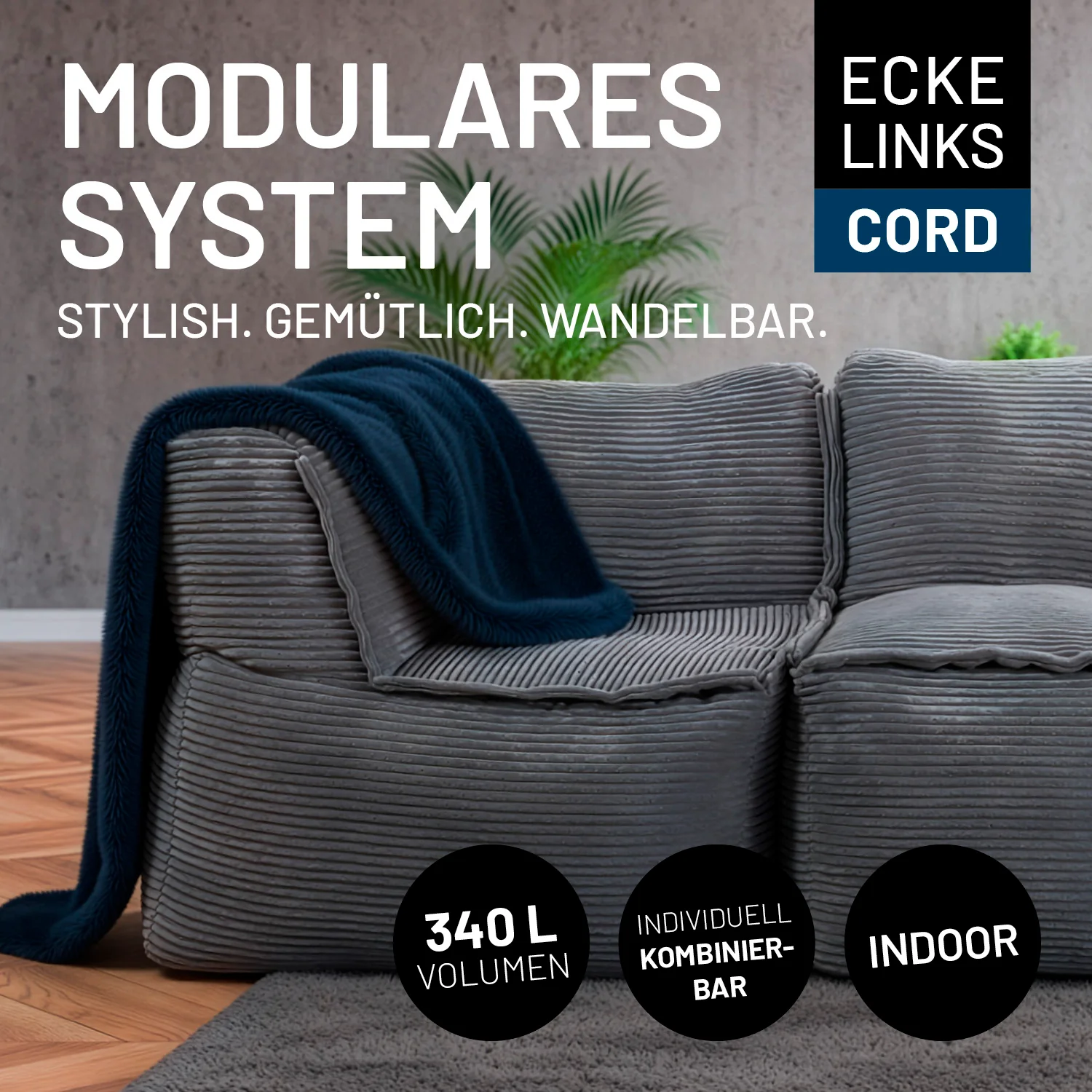 Modulares Eckteil links aus der LUMALAND Cord-Reihe - 340 L - 81 x 81 x 70 cm - Grau - Image 3
