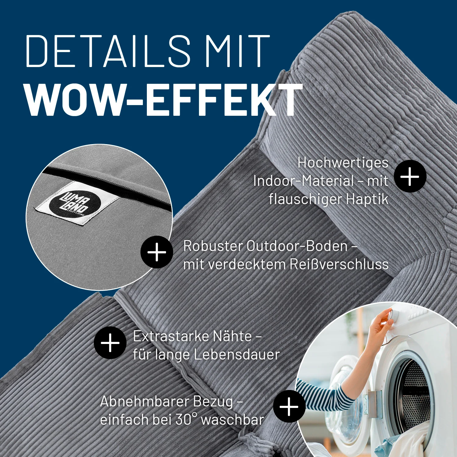 Modulares Eckteil links aus der LUMALAND Cord-Reihe - 340 L - 81 x 81 x 70 cm - Grau - Image 6
