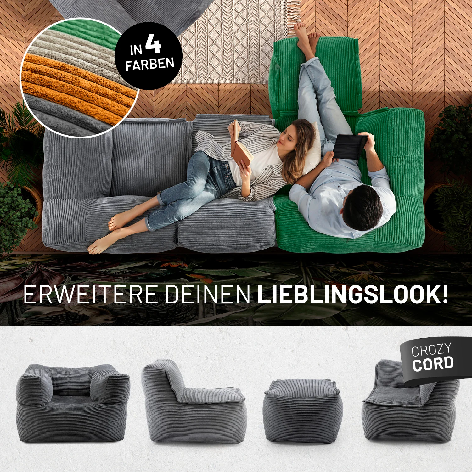 Modulares Eckteil links aus der LUMALAND Cord-Reihe - 340 L - 81 x 81 x 70 cm - Grau - Image 8
