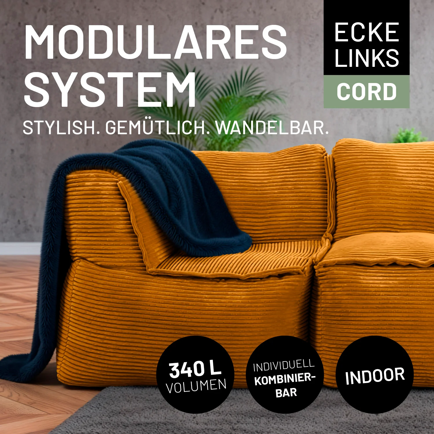 Modulares Eckteil links aus der LUMALAND Cord-Reihe - 340 L - 81 x 81 x 70 cm - Senfgelb - Image 3