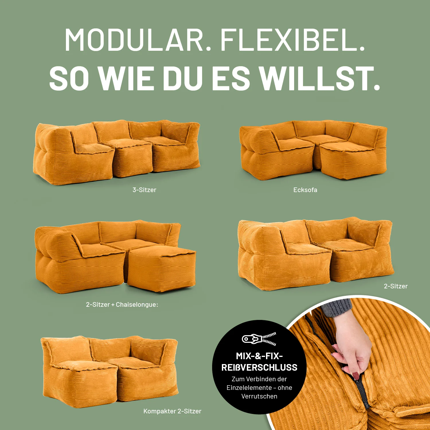 Modulares Eckteil links aus der LUMALAND Cord-Reihe - 340 L - 81 x 81 x 70 cm - Senfgelb - Image 4