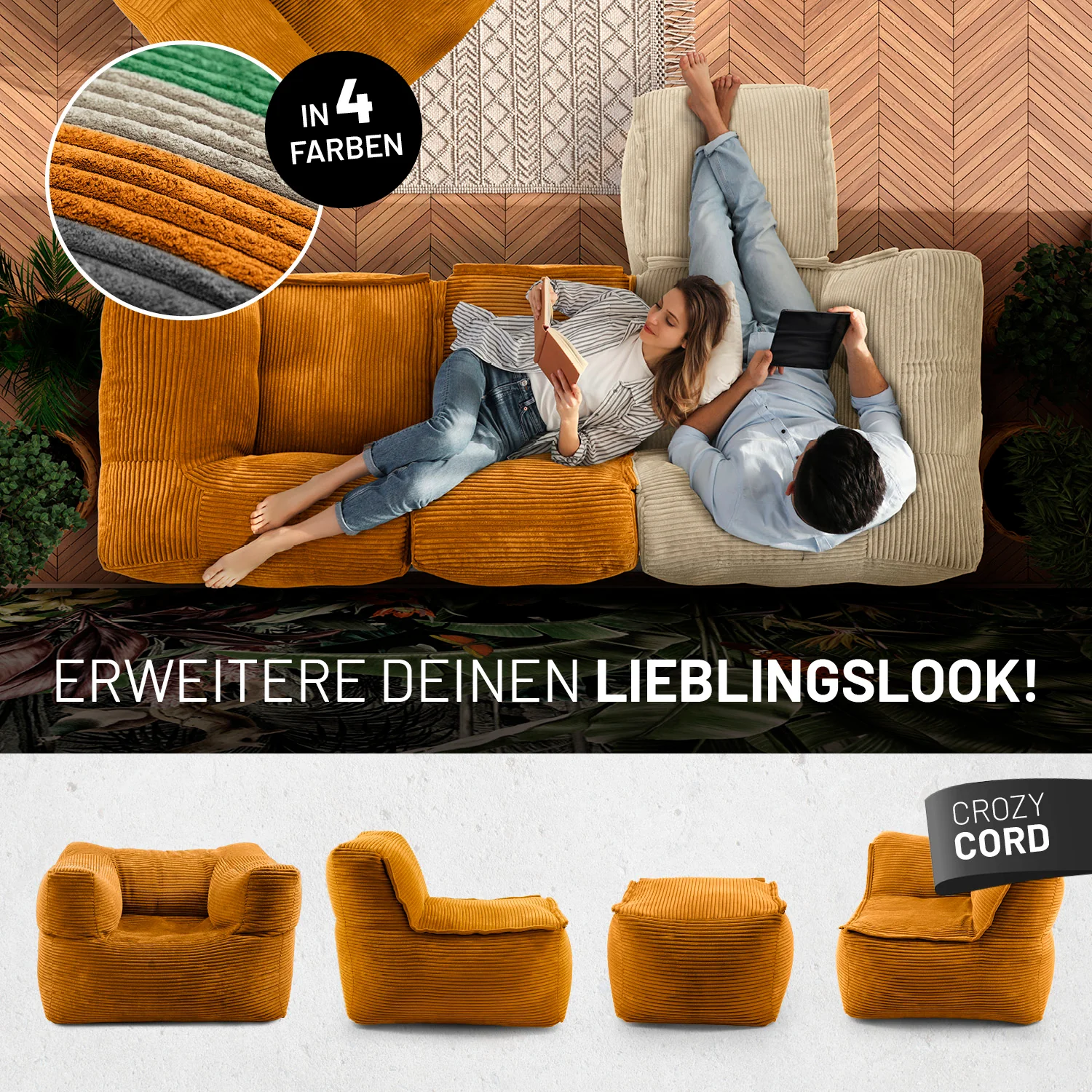 Modulares Eckteil links aus der LUMALAND Cord-Reihe - 340 L - 81 x 81 x 70 cm - Senfgelb - Image 8