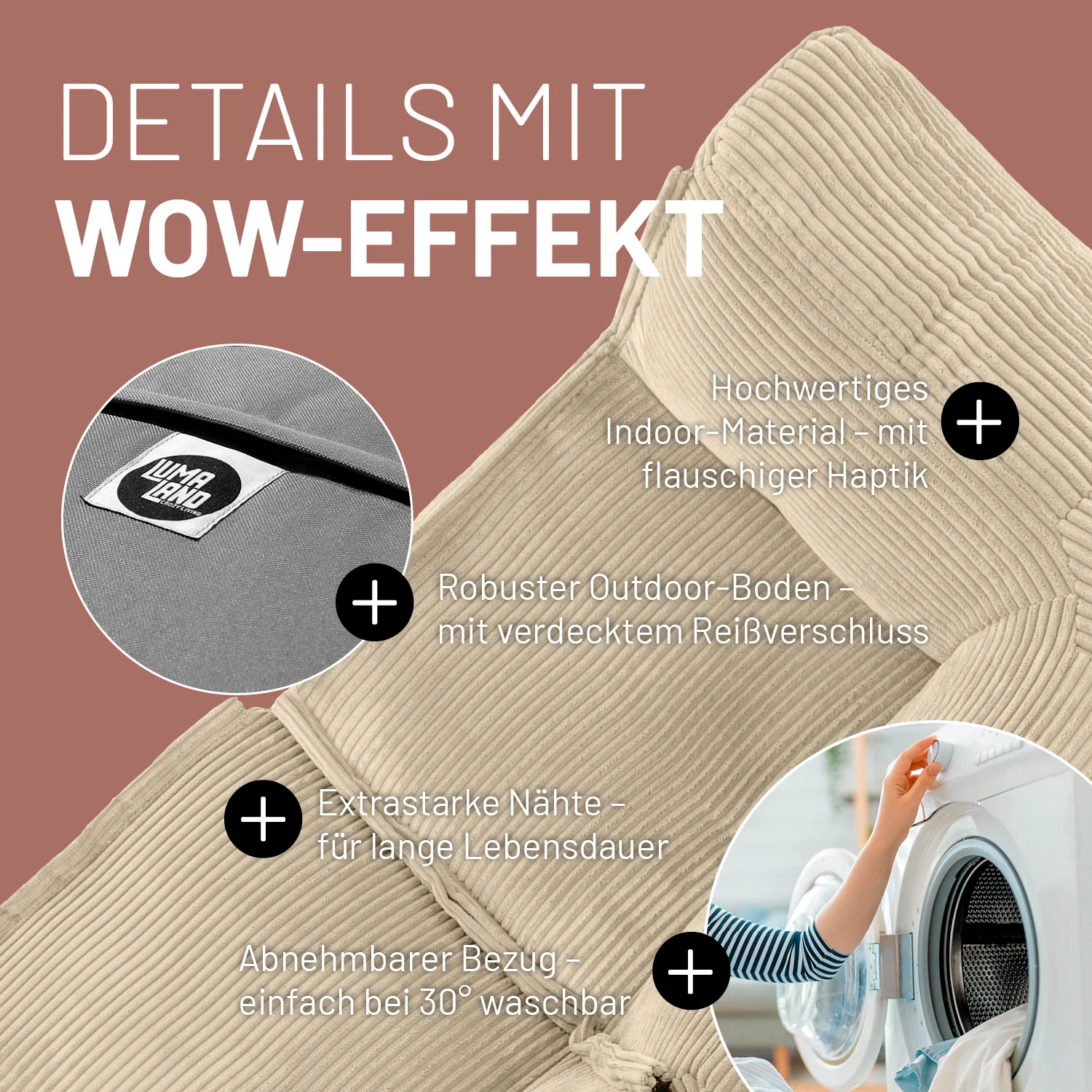Modulares Eckteil links aus der LUMALAND Cord-Reihe - 340 L - 81 x 81 x 70 cm - Beige - Image 6