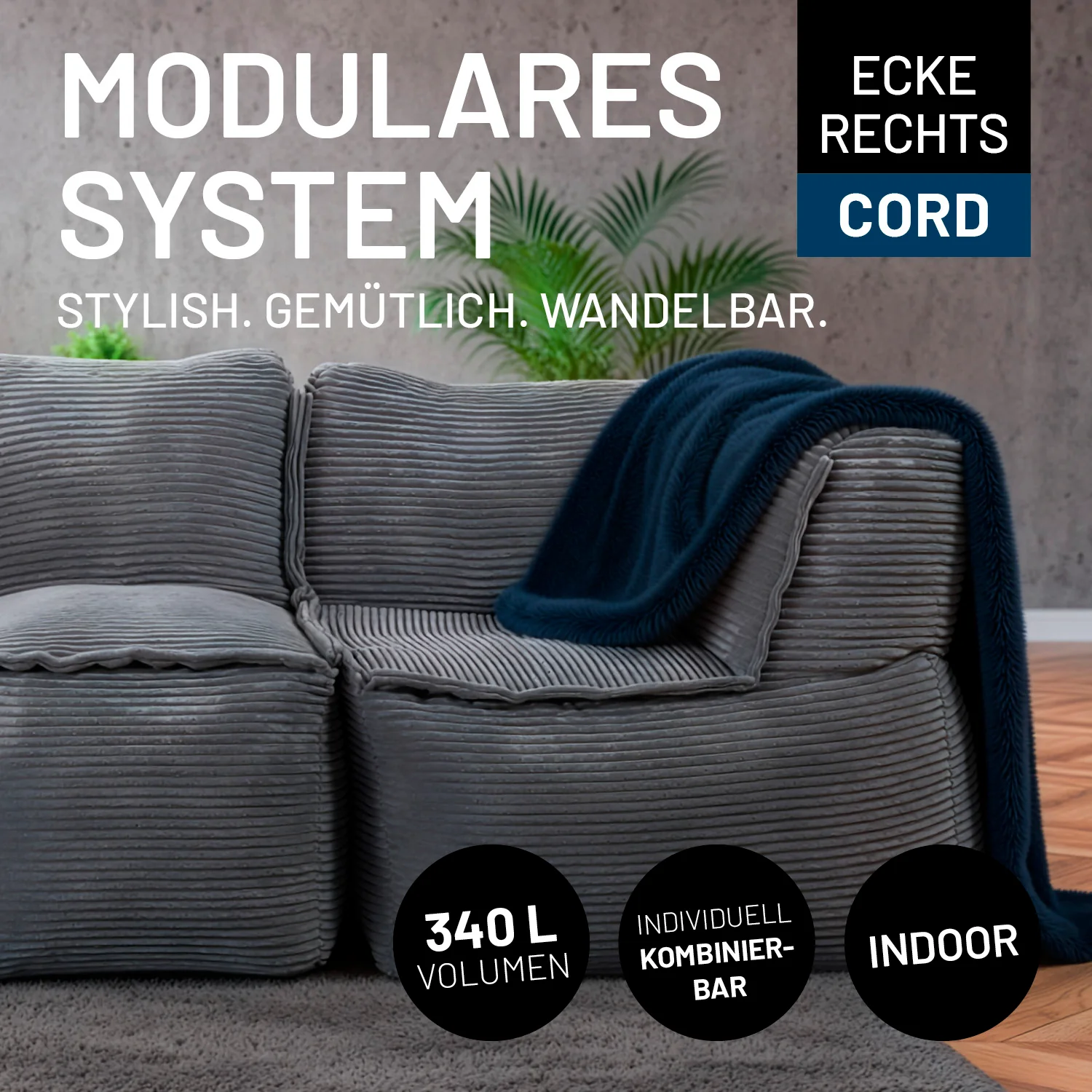 Modulares Eckteil rechts aus der LUMALAND Cord-Reihe - 340 L - 81 x 81 x 70 cm - Grau - Image 3