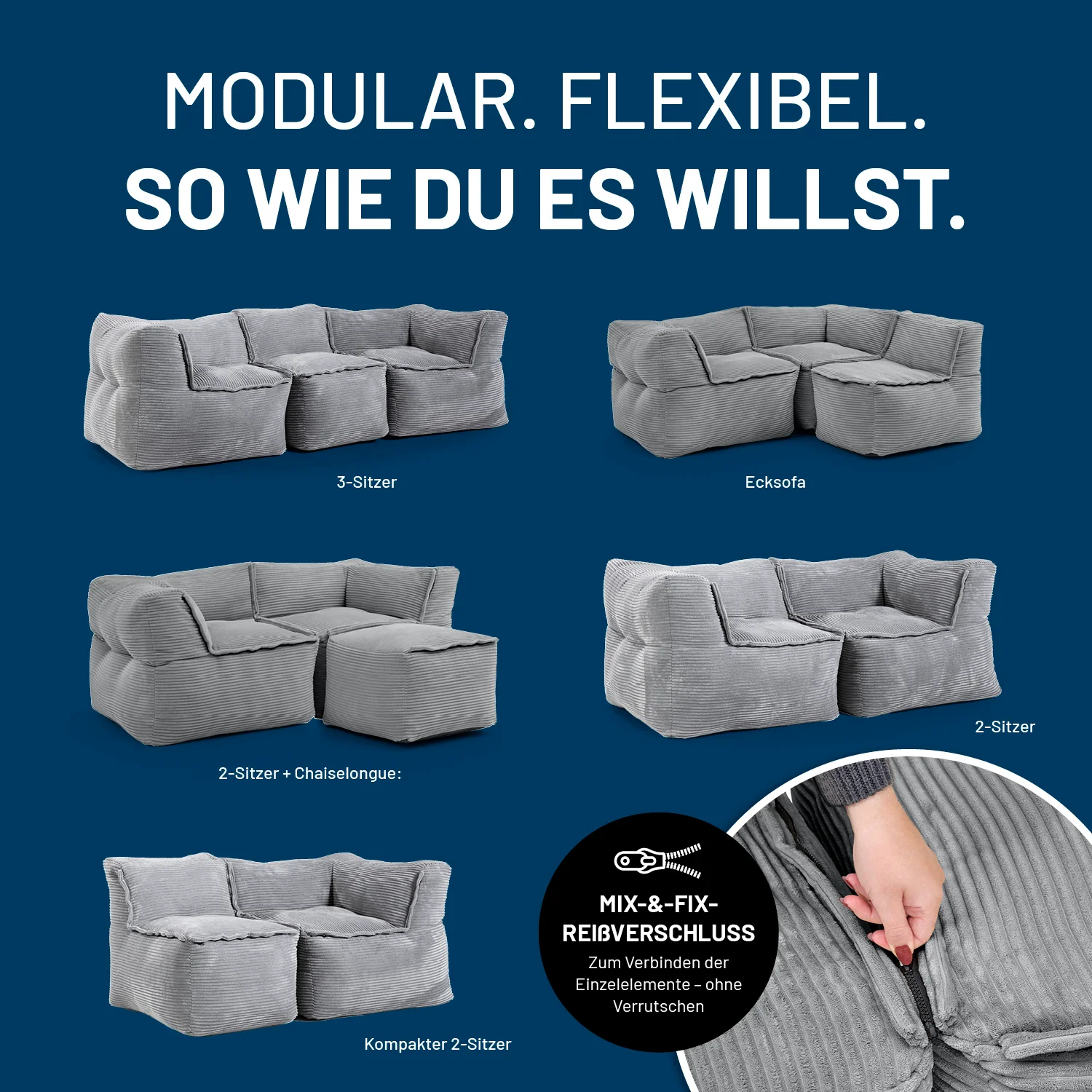 Modulares Eckteil rechts aus der LUMALAND Cord-Reihe - 340 L - 81 x 81 x 70 cm - Grau - Image 4