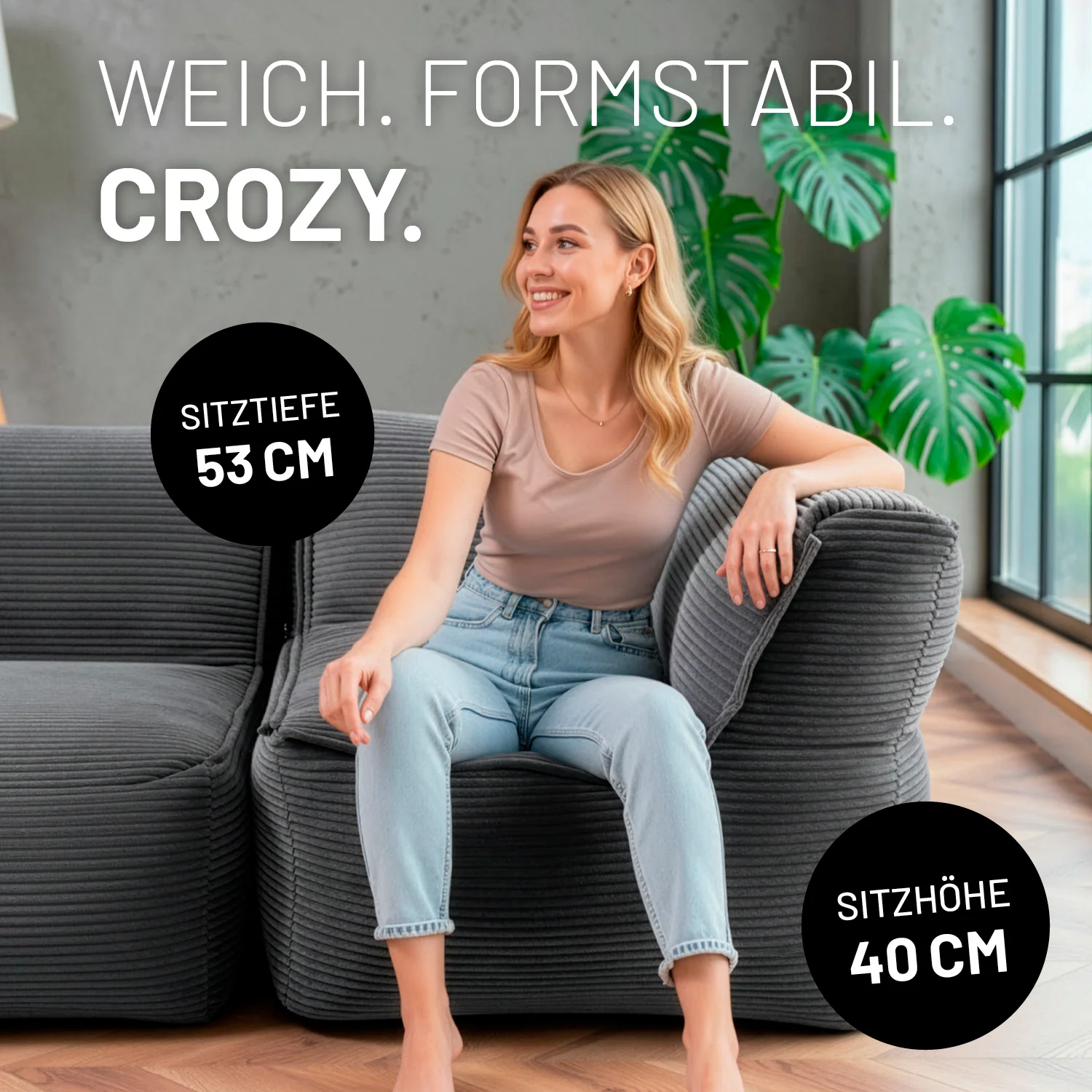 Modulares Eckteil rechts aus der LUMALAND Cord-Reihe - 340 L - 81 x 81 x 70 cm - Grau - Image 5