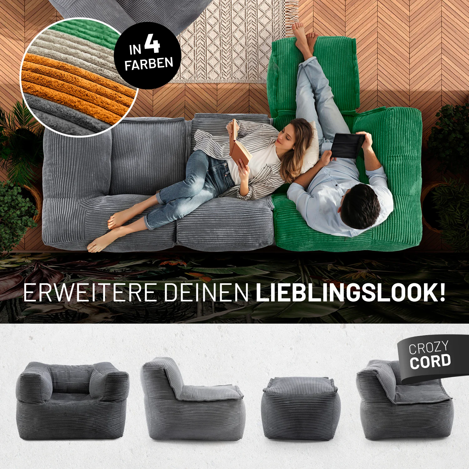 Modulares Eckteil rechts aus der LUMALAND Cord-Reihe - 340 L - 81 x 81 x 70 cm - Grau - Image 8