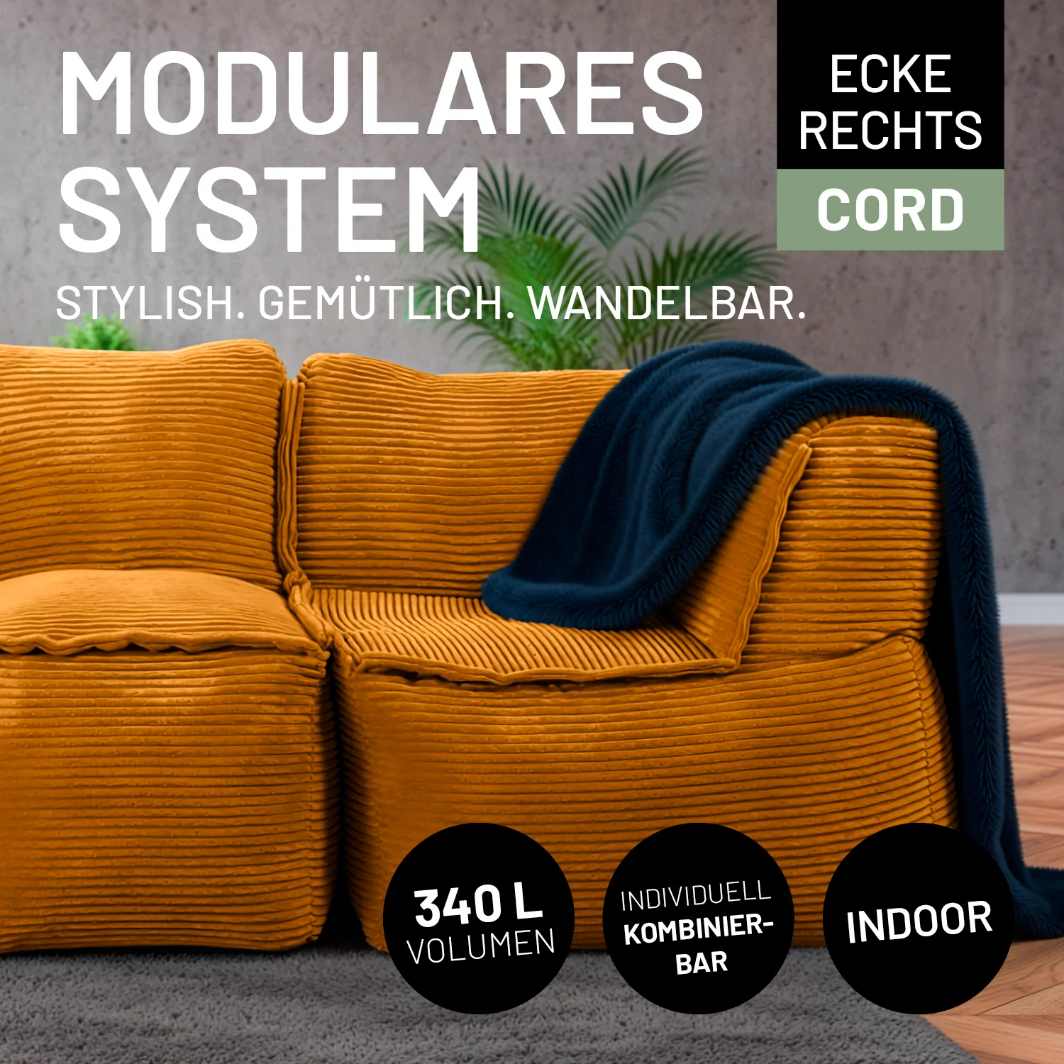 Modulares Eckteil rechts aus der LUMALAND Cord-Reihe - 340 L - 81 x 81 x 70 cm - Senfgelb - Image 3