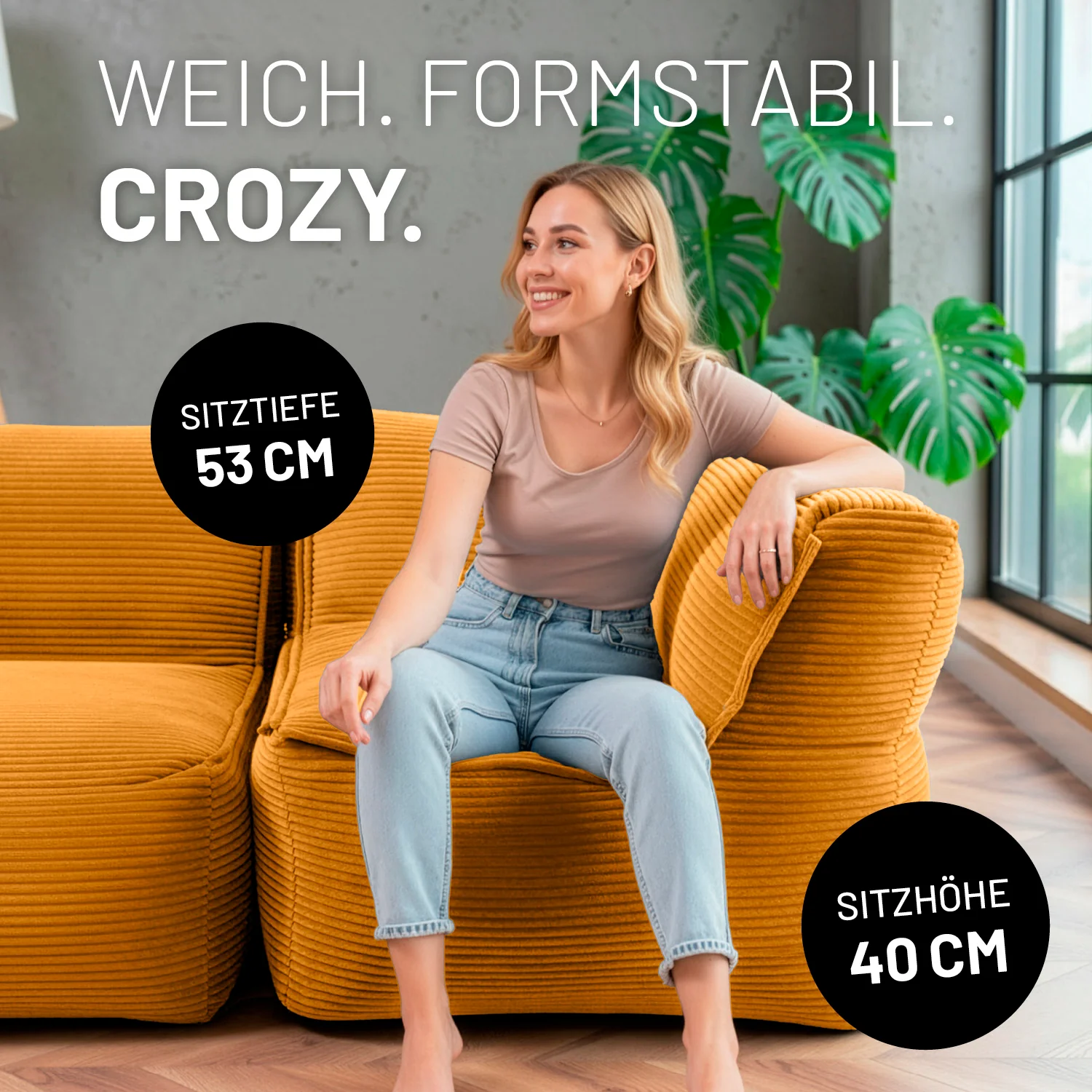 Modulares Eckteil rechts aus der LUMALAND Cord-Reihe - 340 L - 81 x 81 x 70 cm - Senfgelb - Image 5