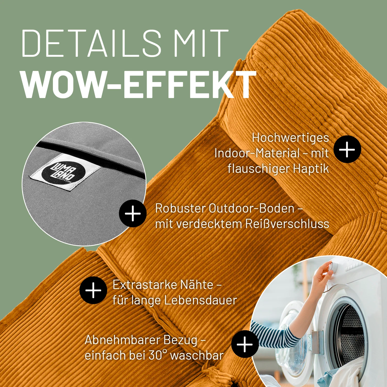 Modulares Eckteil rechts aus der LUMALAND Cord-Reihe - 340 L - 81 x 81 x 70 cm - Senfgelb - Image 6