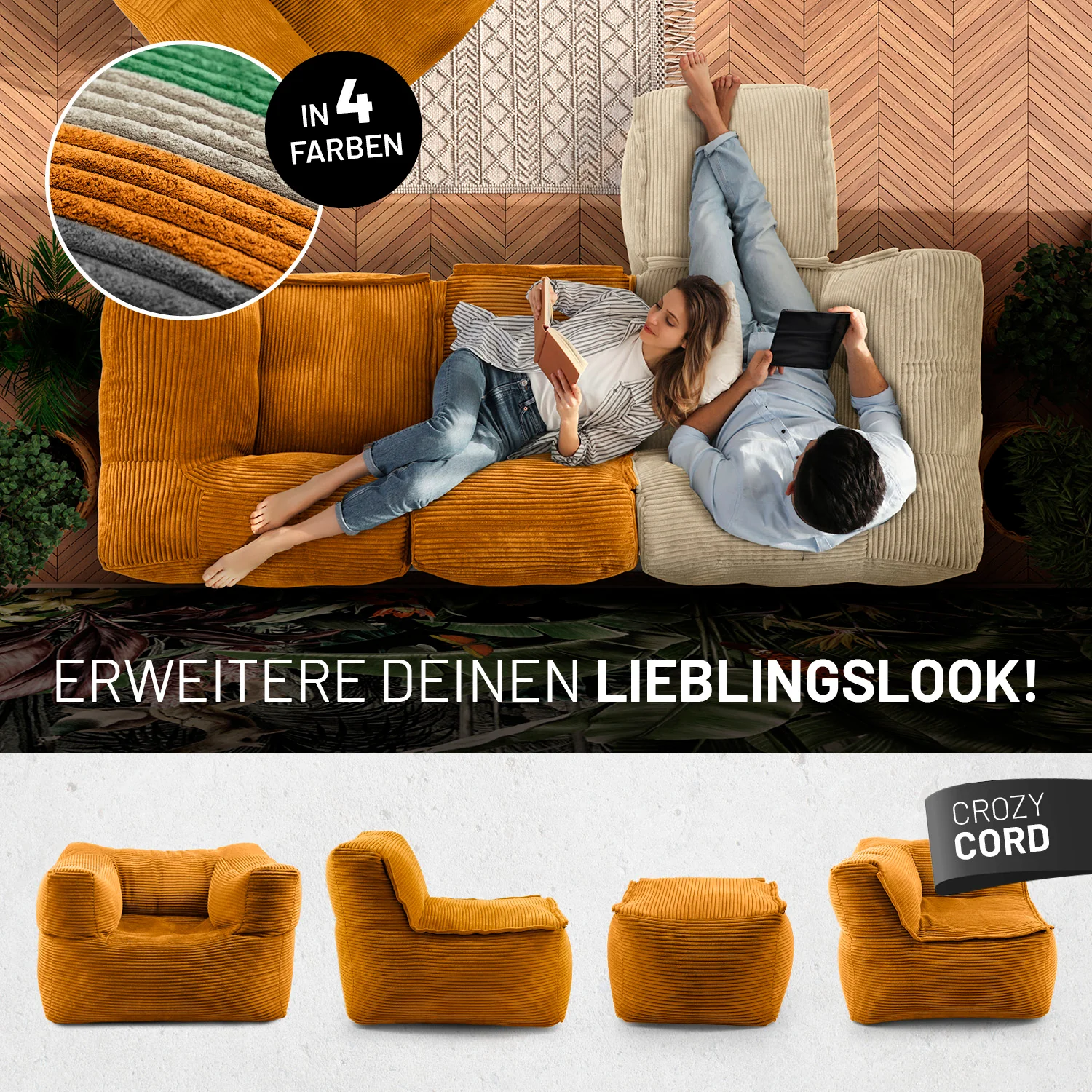 Modulares Eckteil rechts aus der LUMALAND Cord-Reihe - 340 L - 81 x 81 x 70 cm - Senfgelb - Image 8