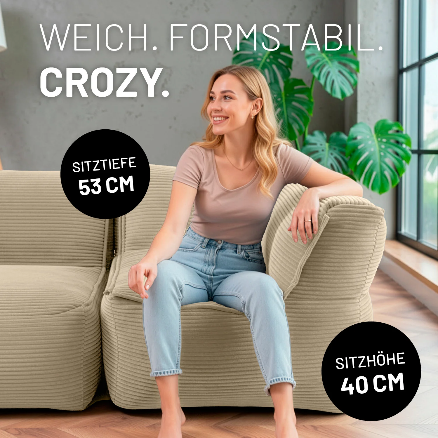 Modulares Eckteil rechts aus der LUMALAND Cord-Reihe - 340 L - 81 x 81 x 70 cm - Beige - Image 5