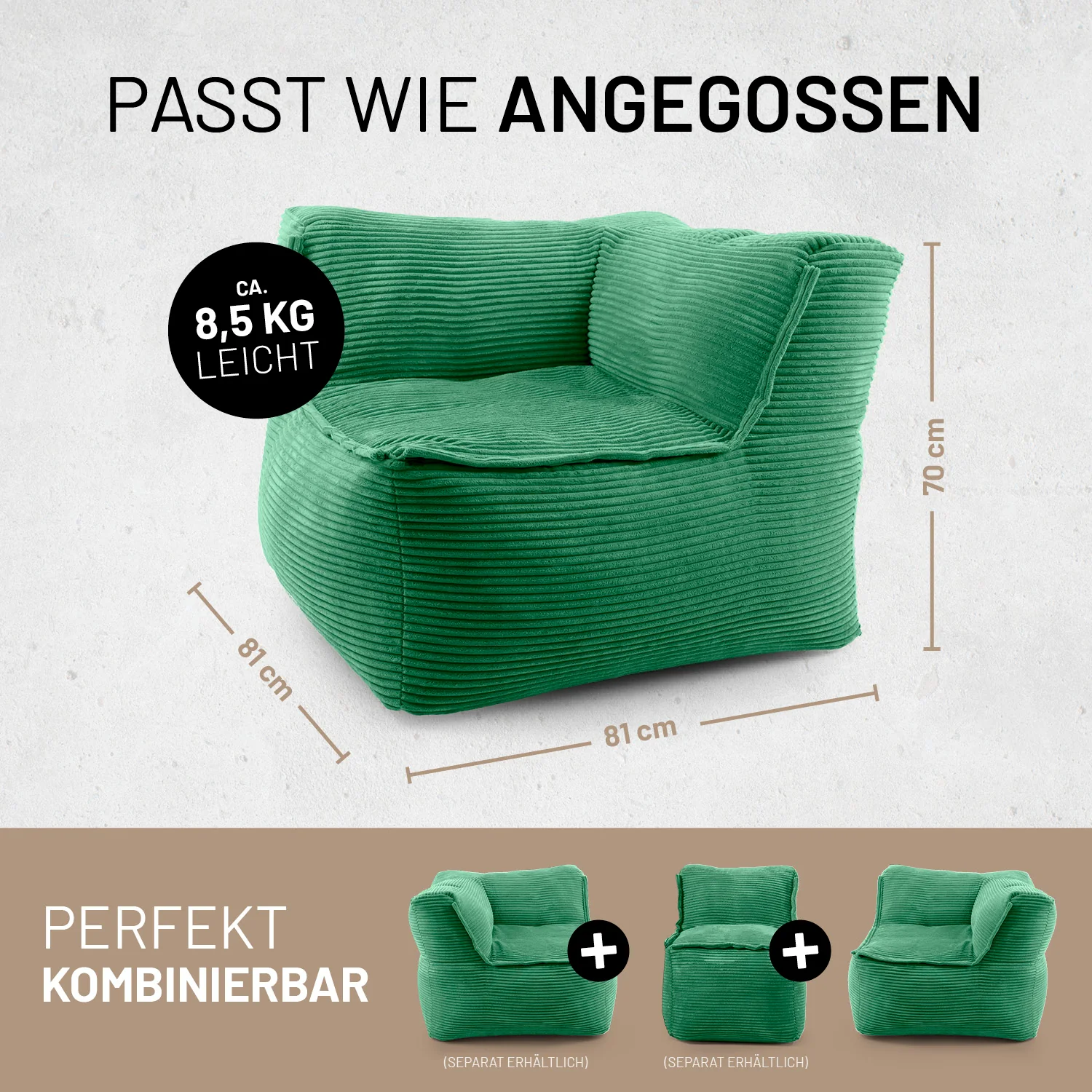 Modulares Eckteil rechts aus der LUMALAND Cord-Reihe - 340 L - 81 x 81 x 70 cm - Dunkelgrün - Image 2