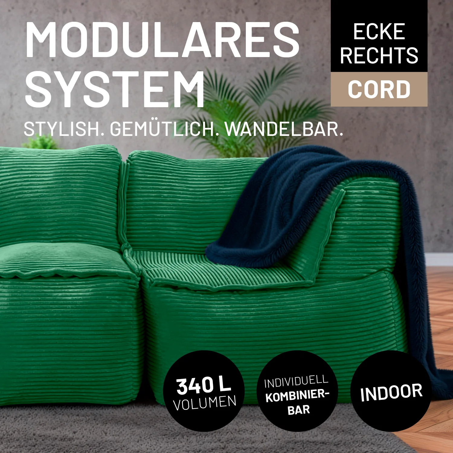 Modulares Eckteil rechts aus der LUMALAND Cord-Reihe - 340 L - 81 x 81 x 70 cm - Dunkelgrün - Image 3
