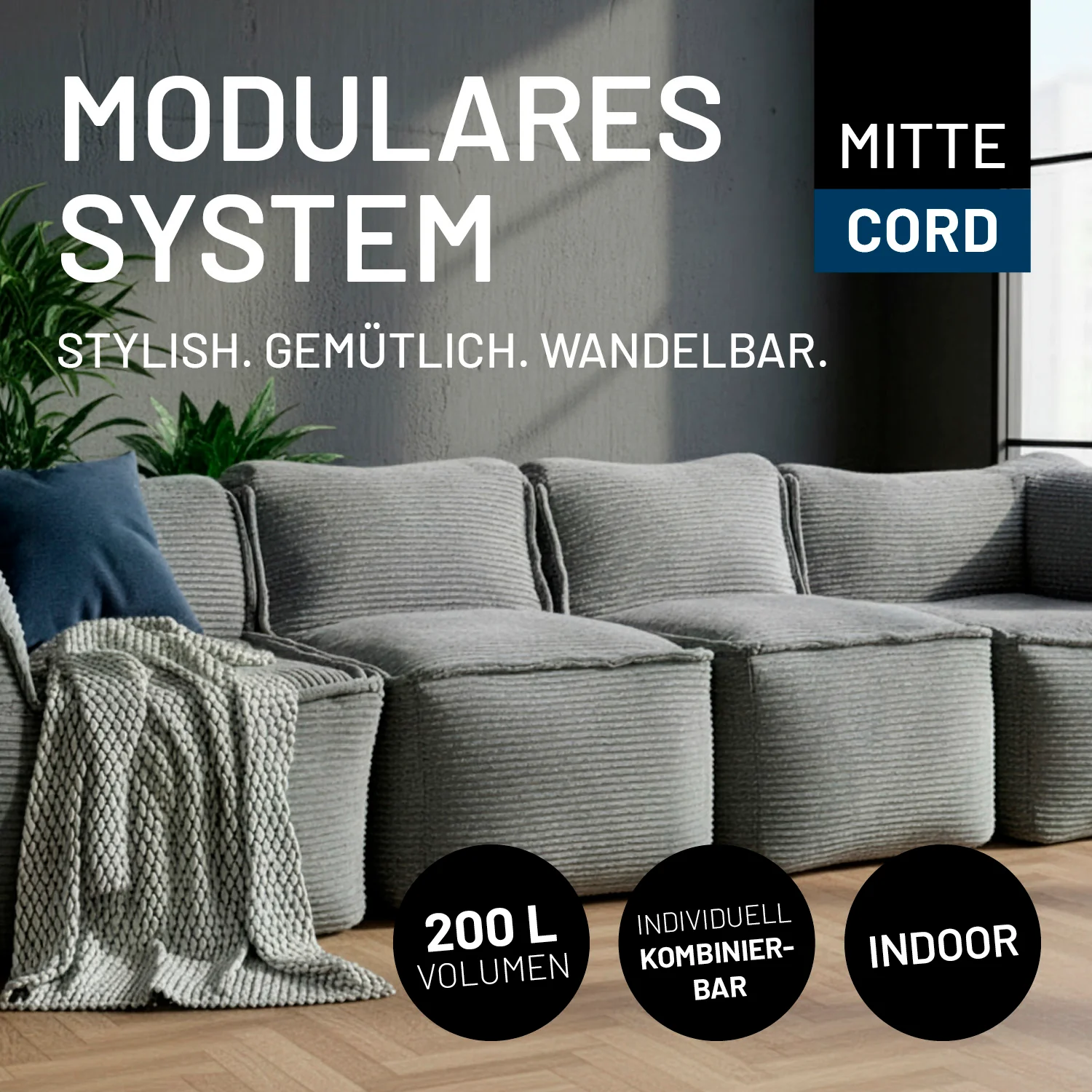 Modulare Mitte aus der LUMALAND Cord-Reihe - 200 L - 81 x 54 x 70 cm - Grau - Image 3