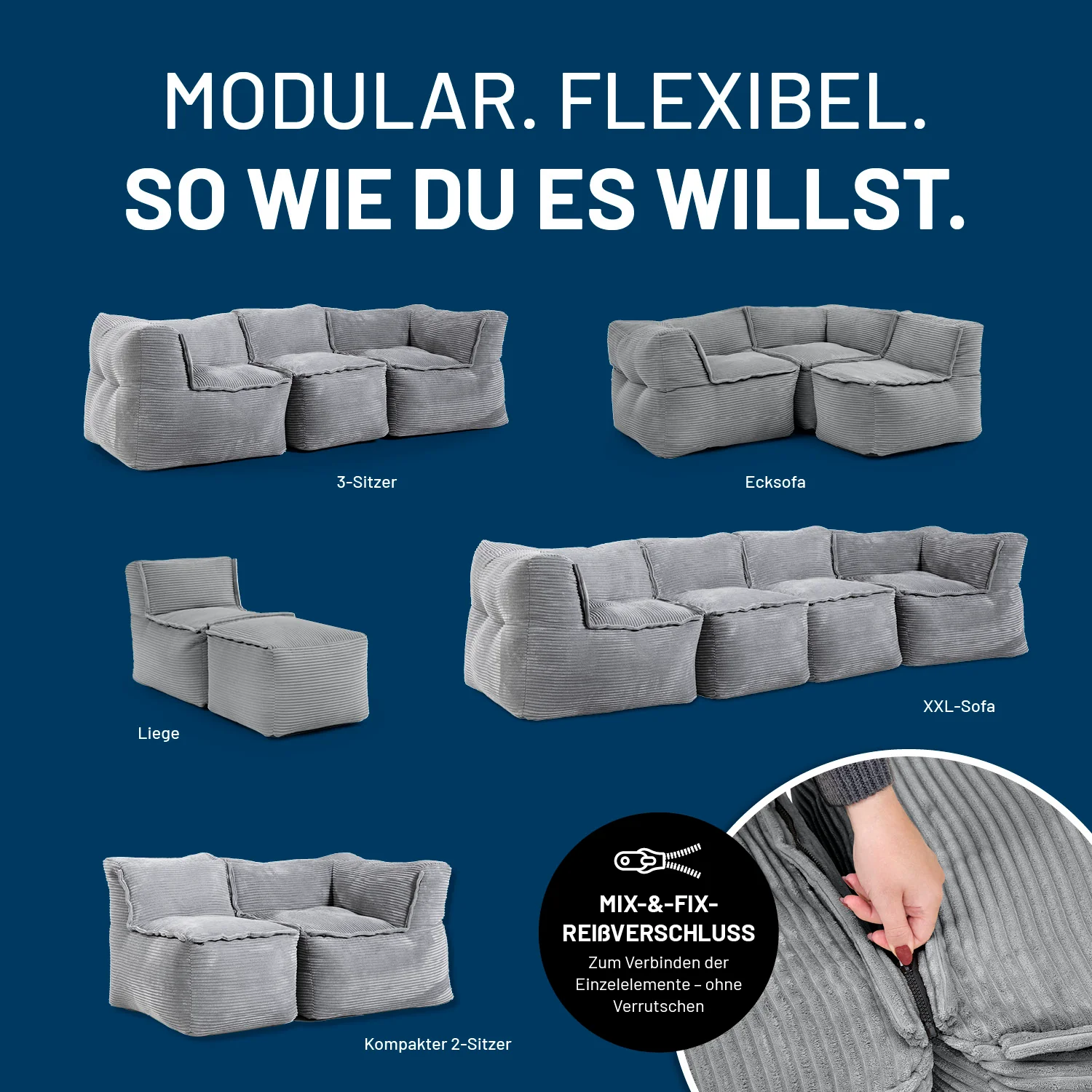 Modulare Mitte aus der LUMALAND Cord-Reihe - 200 L - 81 x 54 x 70 cm - Grau - Image 4