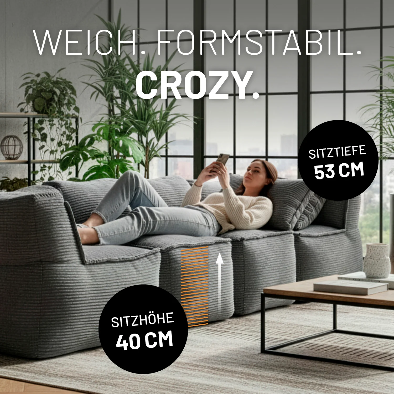 Modulare Mitte aus der LUMALAND Cord-Reihe - 200 L - 81 x 54 x 70 cm - Grau - Image 5