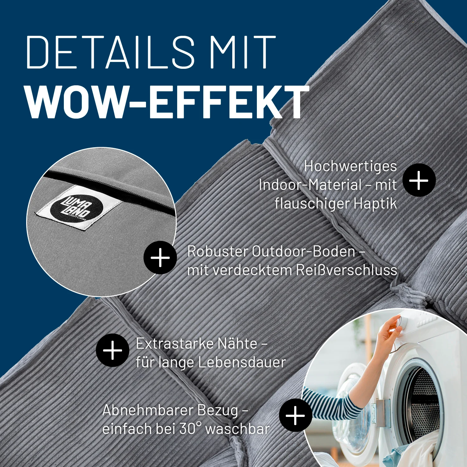Modulare Mitte aus der LUMALAND Cord-Reihe - 200 L - 81 x 54 x 70 cm - Grau - Image 6