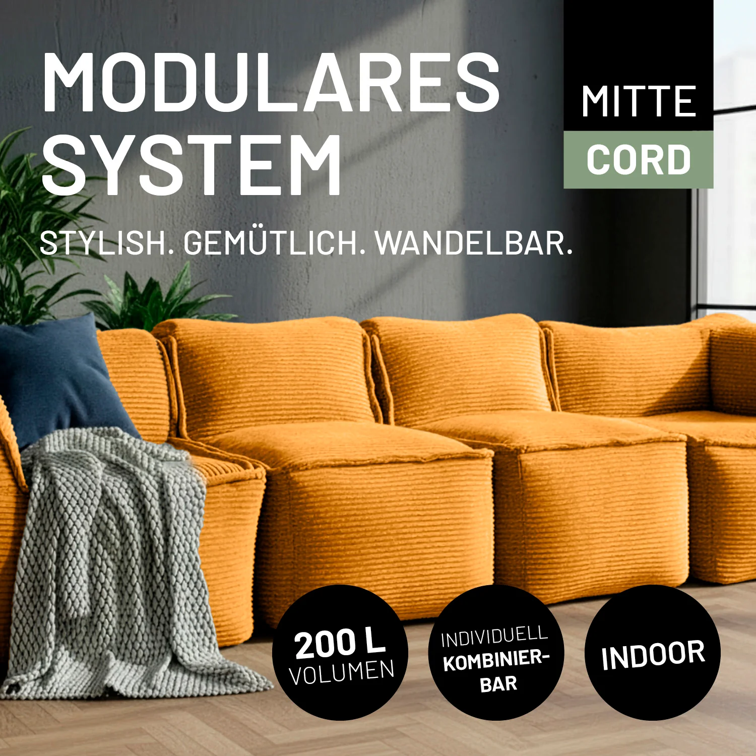 Modulare Mitte aus der LUMALAND Cord-Reihe - 200 L - 81 x 54 x 70 cm - Senfgelb - Image 3