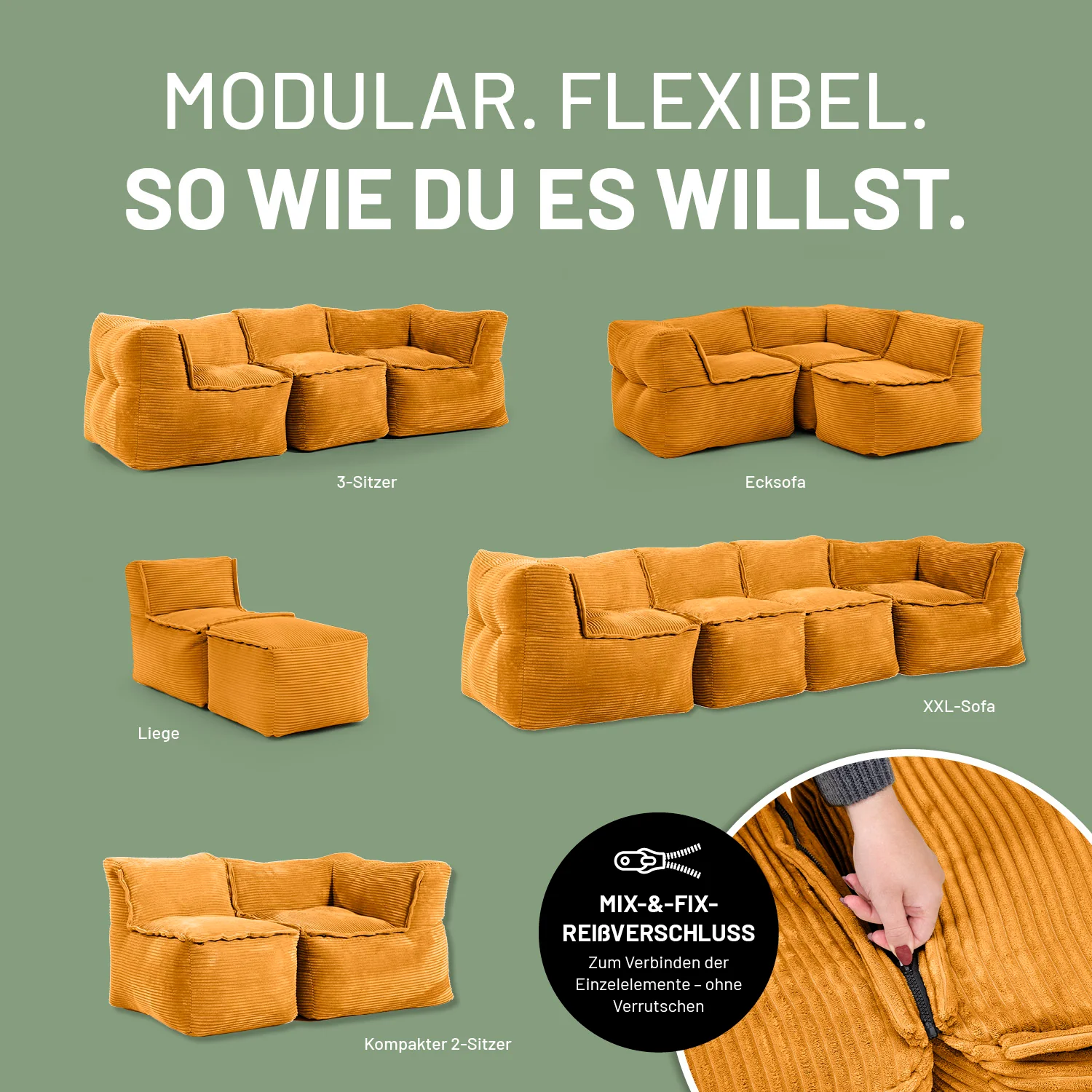Modulare Mitte aus der LUMALAND Cord-Reihe - 200 L - 81 x 54 x 70 cm - Senfgelb - Image 4