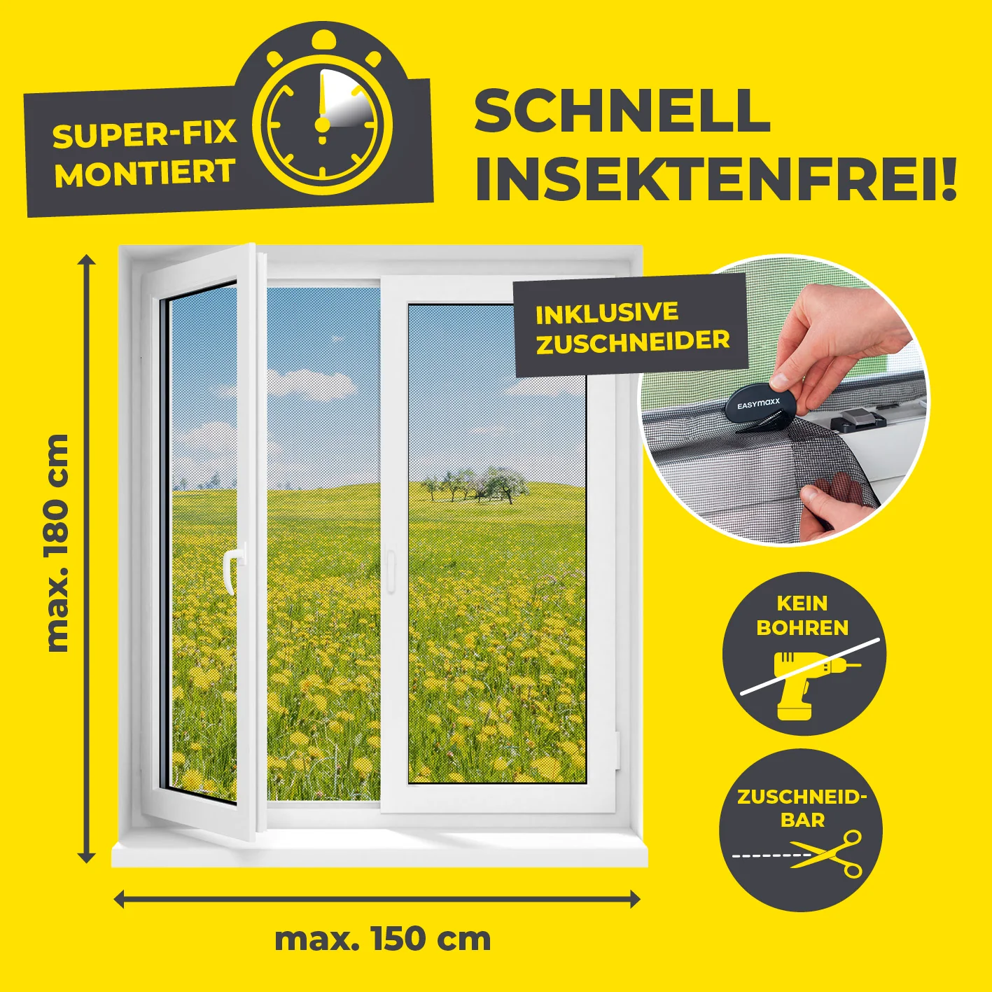 Moskitonetz für Fenster mit selbstklebendem Klettband - 2er-Set - 150 x 180 cm - Schwarz - Image 13