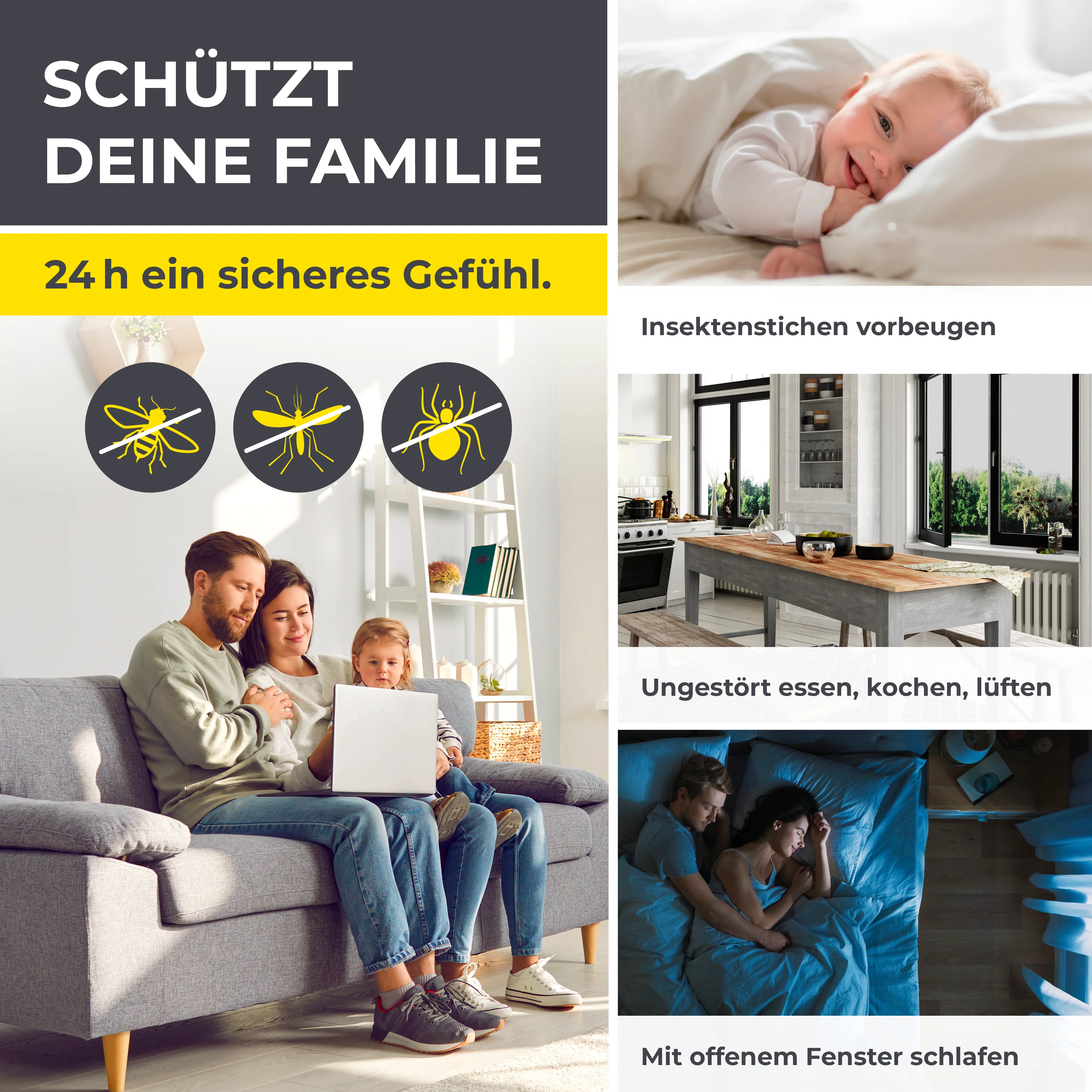 Moskitonetz für Fenster mit selbstklebendem Klettband - 4er-Set - 110 x 130 cm - Weiß - Image 3