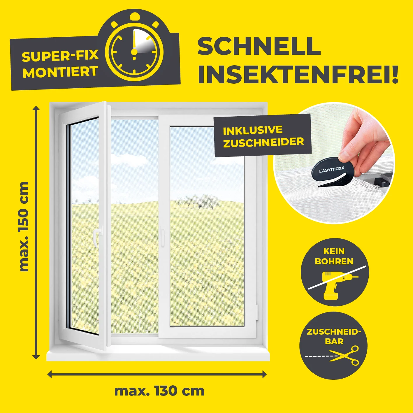 Moskitonetz für Fenster mit selbstklebendem Klettband - 4er-Set - 130 x 150 cm - Weiß - Image 4
