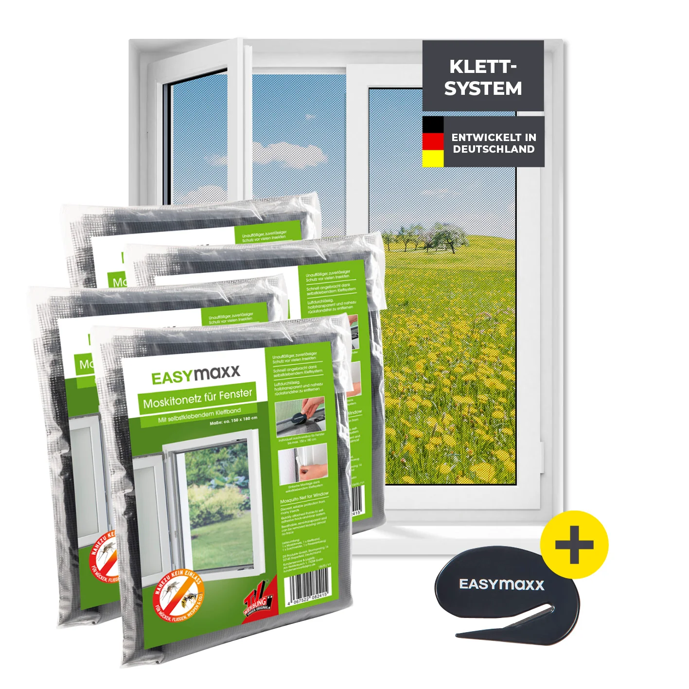 Moskitonetz für Fenster mit selbstklebendem Klettband - 4er-Set - 150 x 180 cm - Schwarz