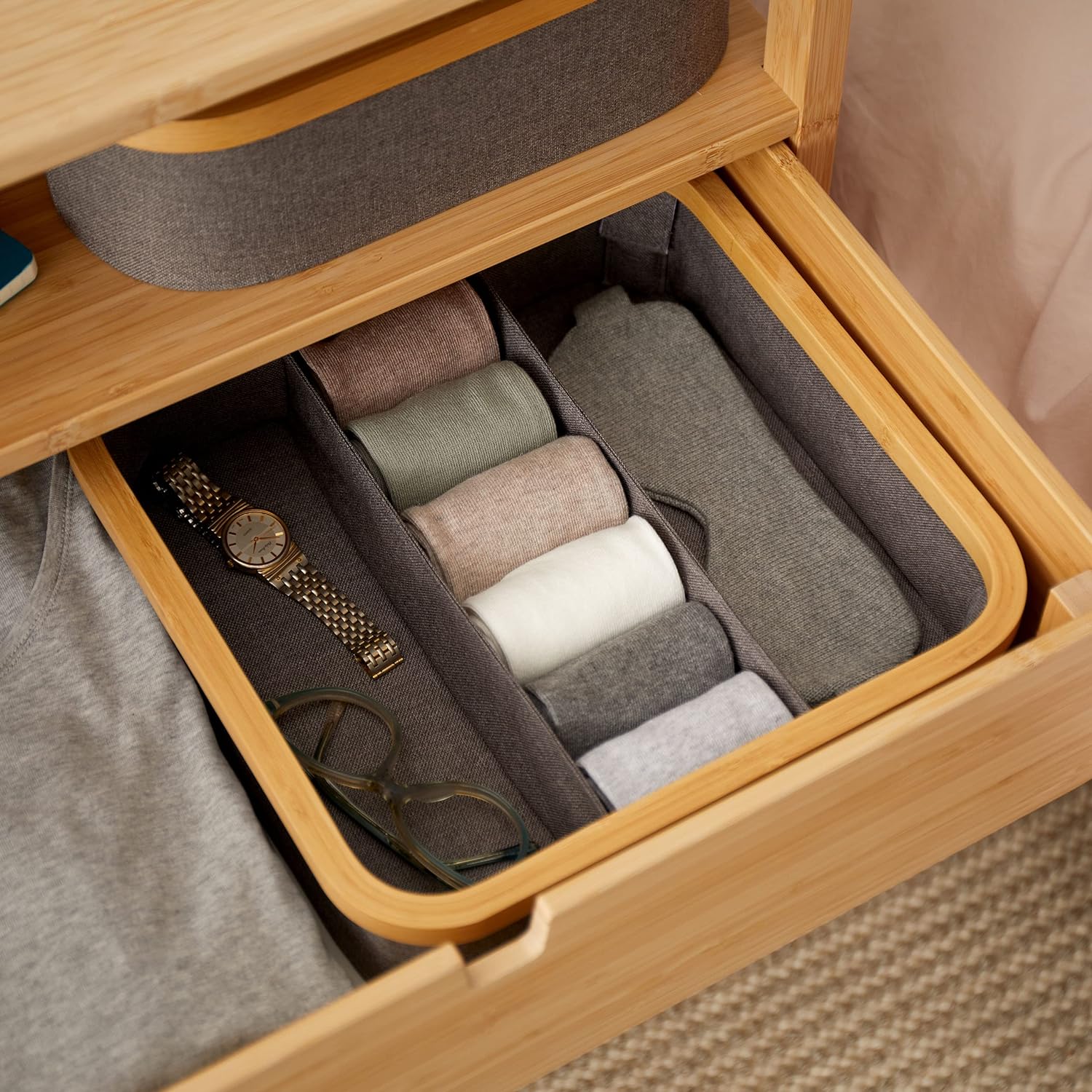 Organizer mit Bambus-Rahmen - 3er-Set - 30 x 30 x 9 cm (3/4/9 Aufteilung) - Taupe - Image 3
