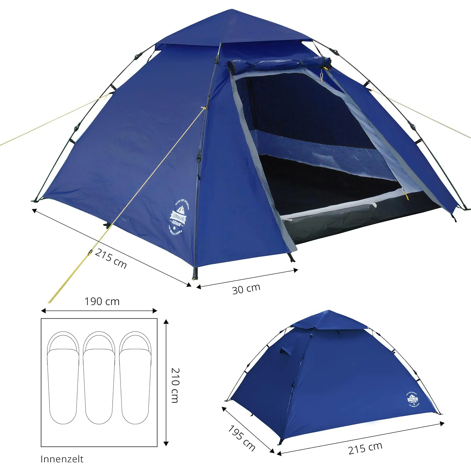 Pop Up Familienzelt Wurfzelt 3 Personen Zelt - 215 x 195 x 120 cm - Blau - Image 6