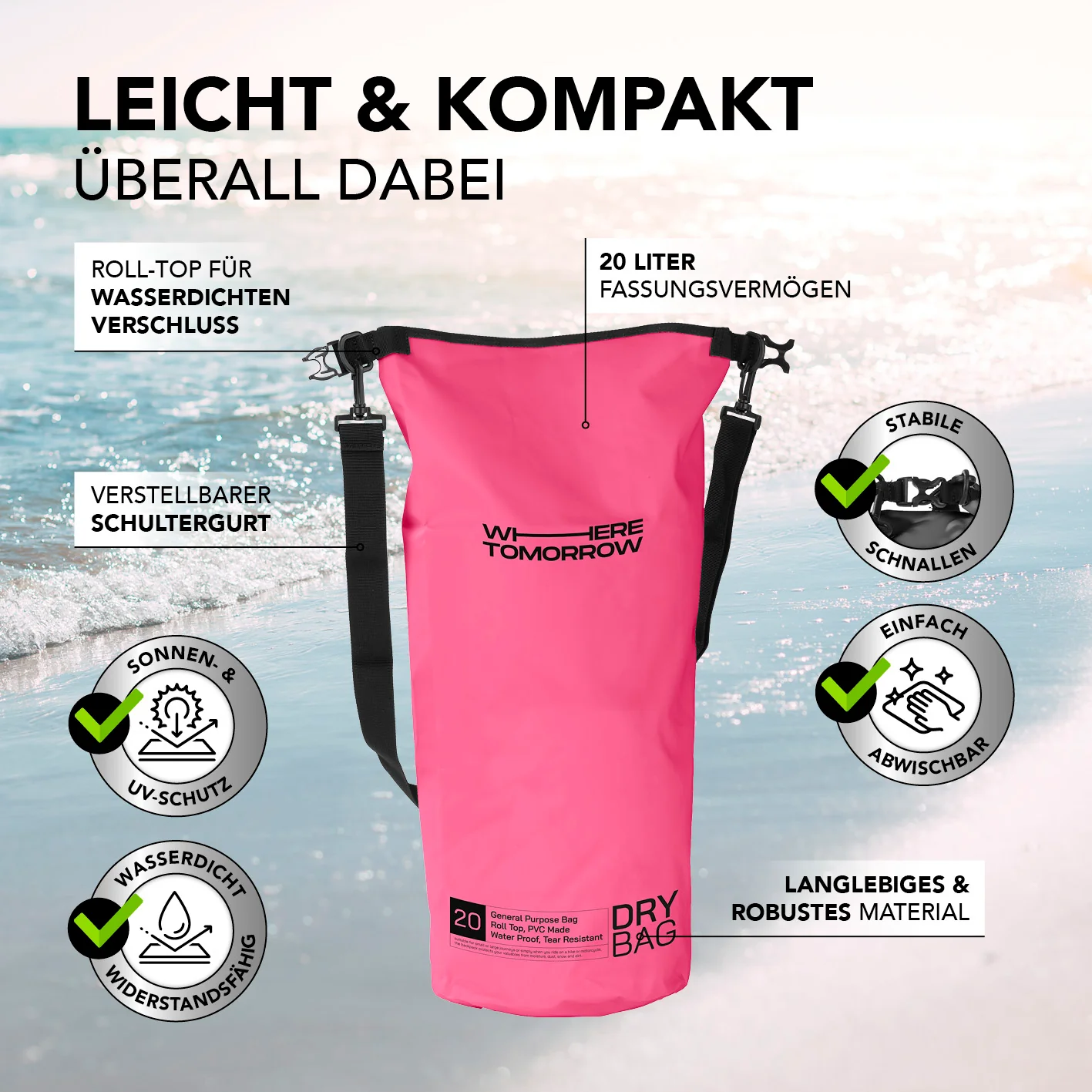Dry Bag 20L - Style 01 - Pink - Image 3