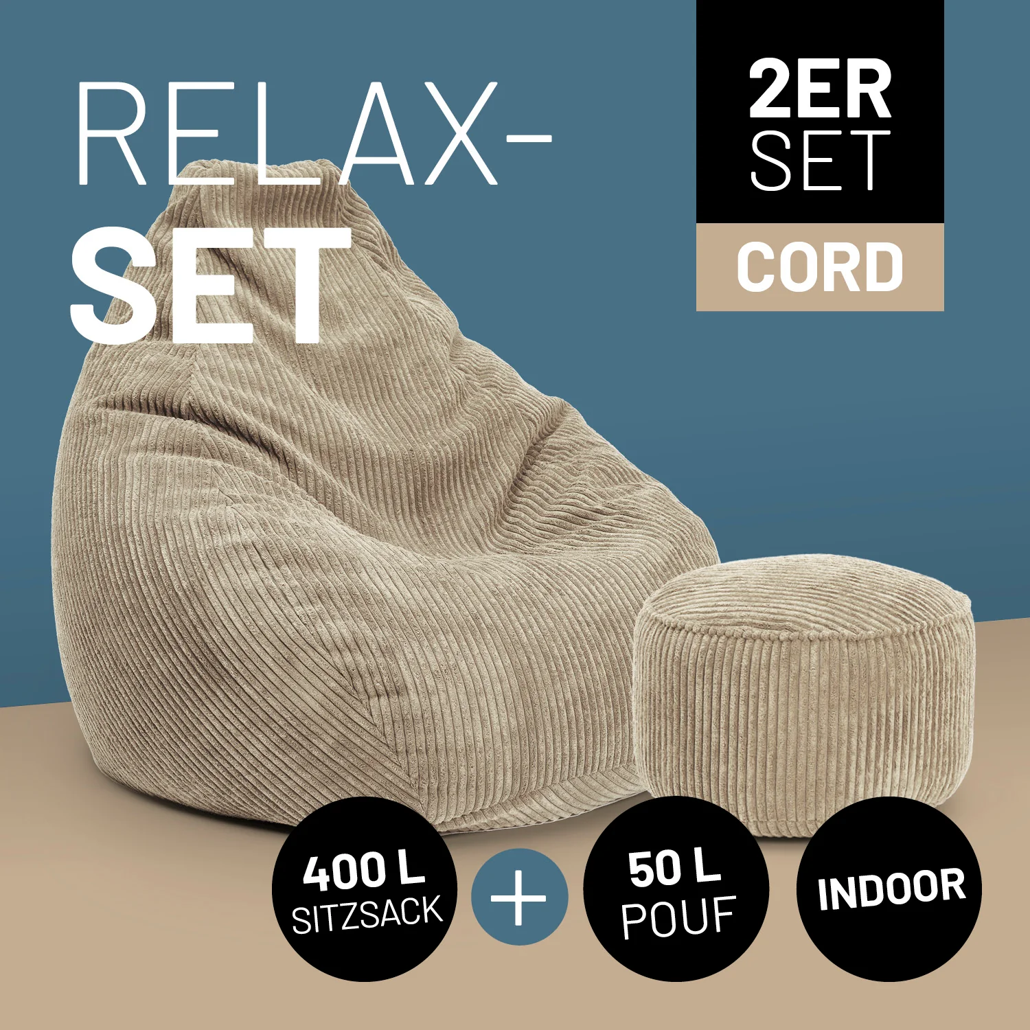 Relax-Set Cord – Sitzsack GIANT (400 L) + Pouf (50 L) - Beige - Image 2