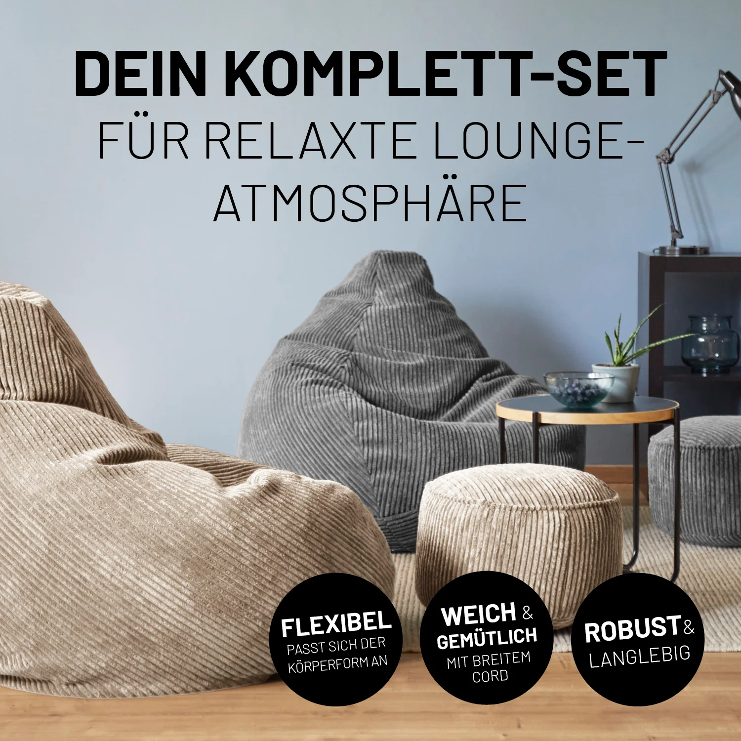 Relax-Set Cord – Sitzsack GIANT (400 L) + Pouf (50 L) - Beige - Image 4