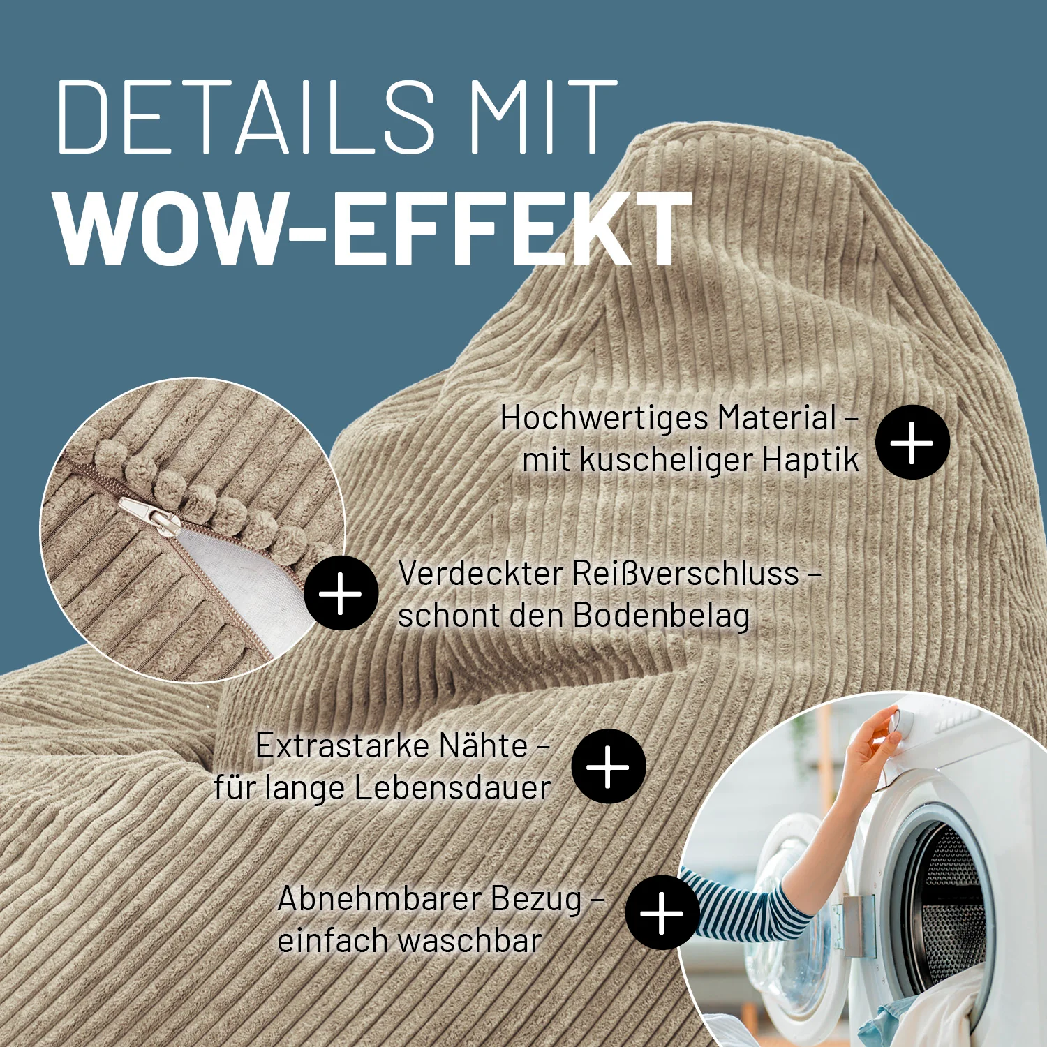 Relax-Set Cord – Sitzsack GIANT (400 L) + Pouf (50 L) - Beige - Image 5