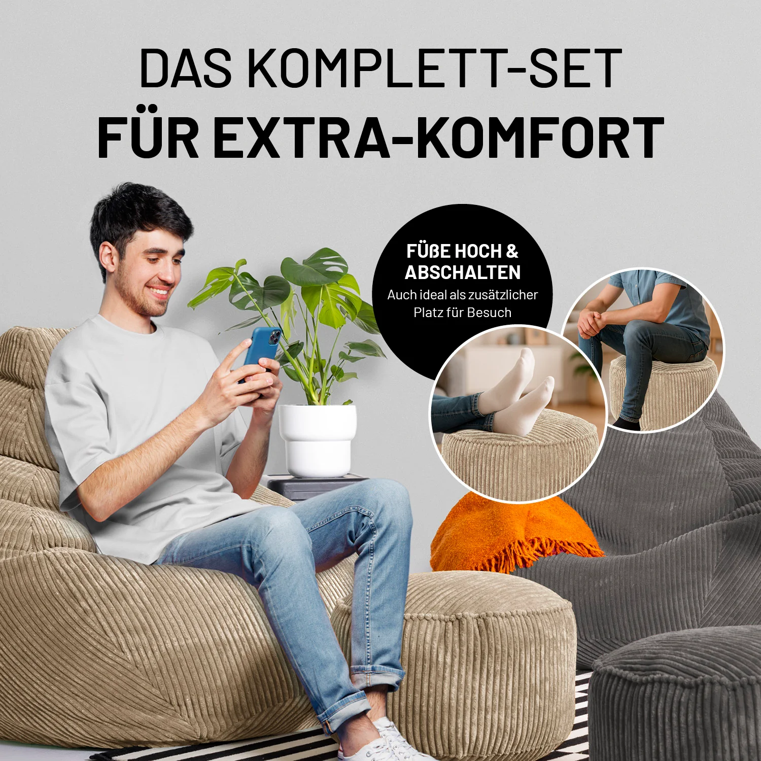 Relax-Set Cord – Sitzsack GIANT (400 L) + Pouf (50 L) - Beige - Image 7